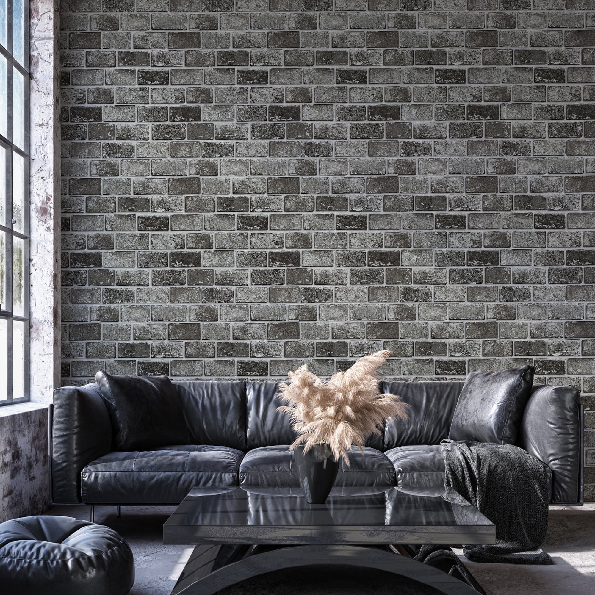 Abyssaly Peel and Stick Wallpaper, Realistic Silver-Foiled Brick Pattern, Removable Self-Adhesive Vinyl for Home Decor (Dark Gray, 17.3 in x 118 in) lv31k