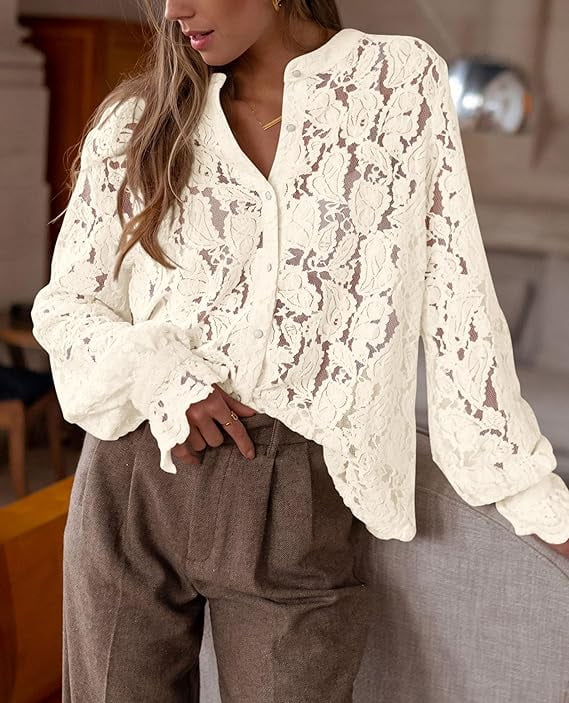 PRETTYGARDEN Women's Lace Blouse Long Sleeve Button Up Shirt Dressy Casual Top (Beige, L) ms9uy