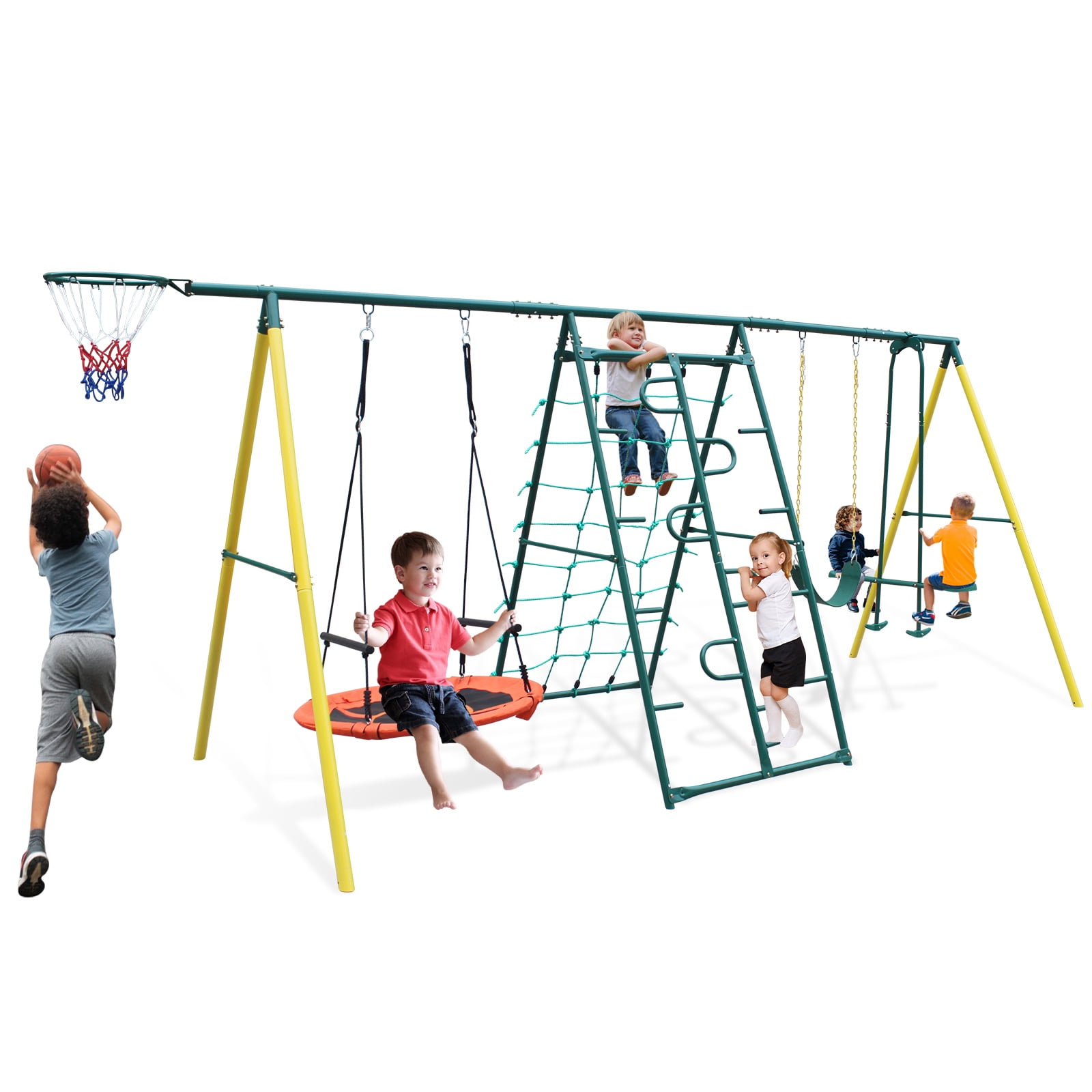 Segmart 6-in-1 Backyard Swing Set with Climbing Ladder, Saucer Swing, and Basketball Hoop (Yellow) qm1zf
