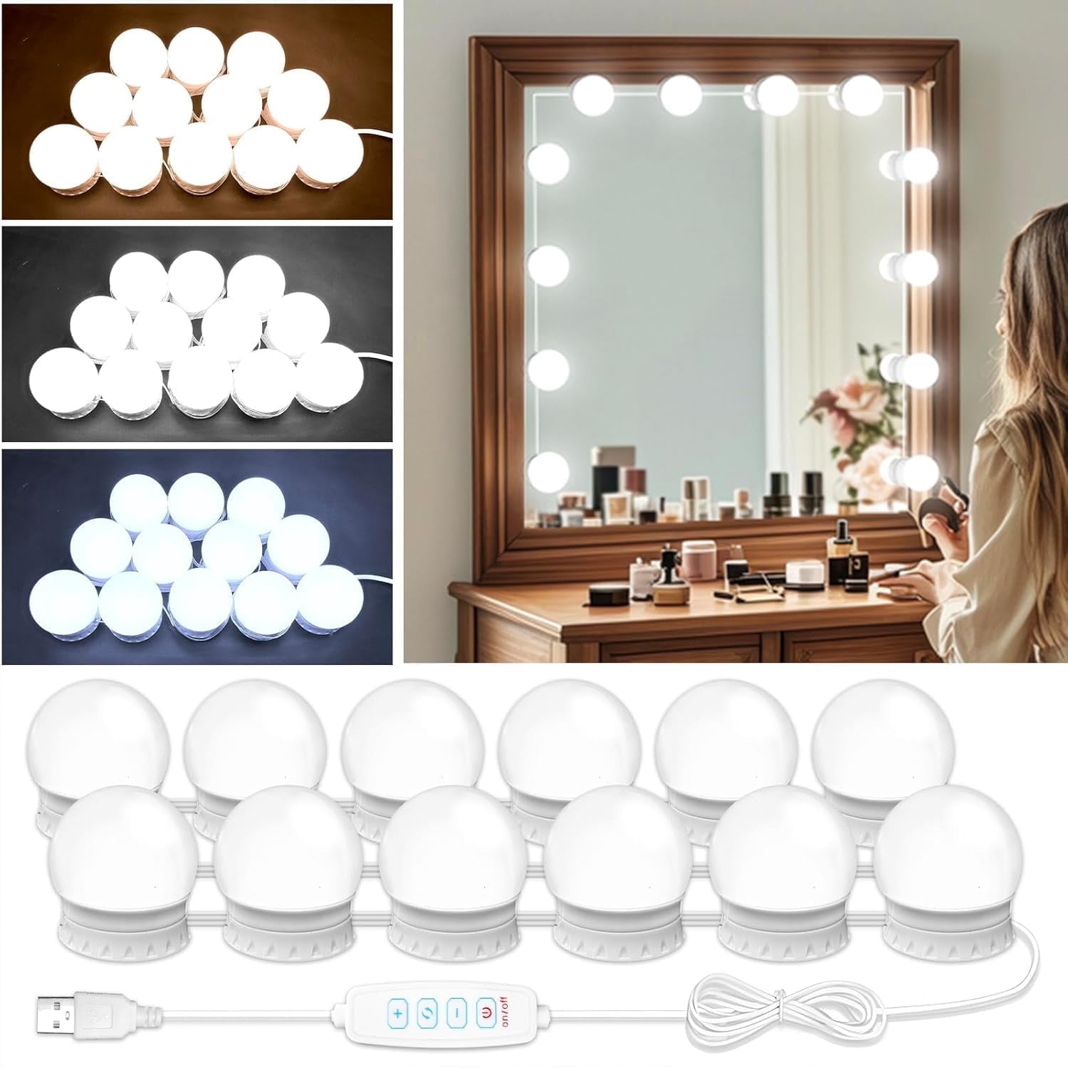 OGEDNAC LED Vanity Mirror Lights, Hollywood Style Dimmable Lighting Kit with 12 Bulbs (Adjustable Color, 10.9 ft) t5du1