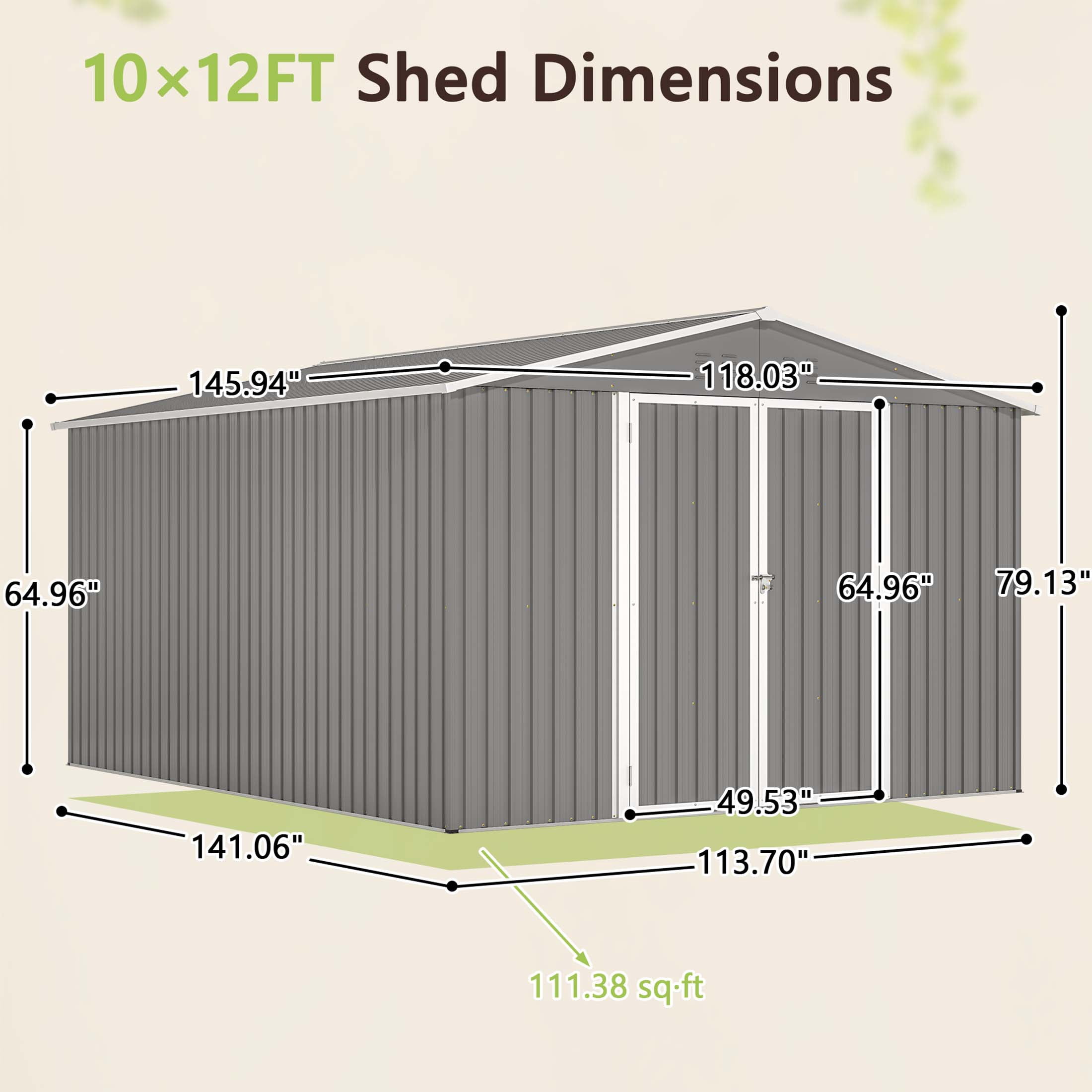 LZBEITEM Outdoor Storage Shed with Floor Frame Kit, Galvanized Steel Garden Tool Shed, Weatherproof Backyard Storage with Lockable Double Doors (Gray, 10 ft x 12 ft) 7fx83