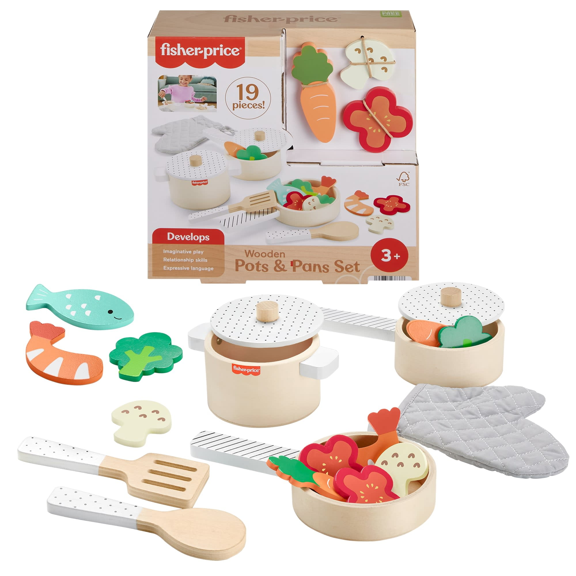 Fisher-Price Wooden Kitchen Pots and Pans Set for Pretend Play (19 Pieces) cm211