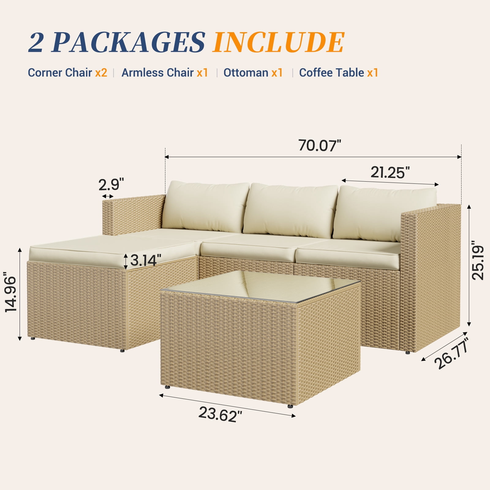 ELPOSUN 5-Piece Outdoor Patio Furniture Conversation Set, All-Weather Wicker Sectional Sofa with Coffee Table and Cushions (Beige, 5-Piece Set) clote