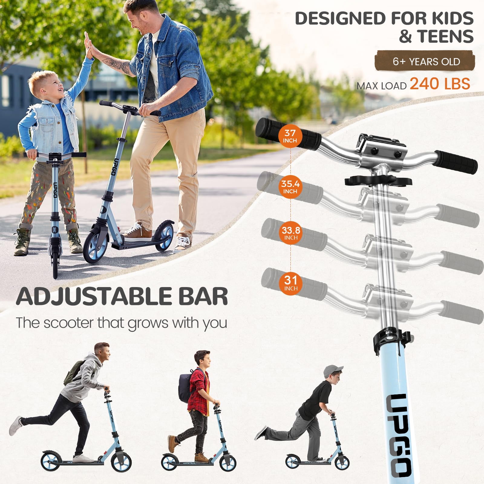 Upgo Foldable Kick Scooter with Adjustable Handlebar and 8-Inch Wheels (Blue, 240 lb Capacity) l1ddw