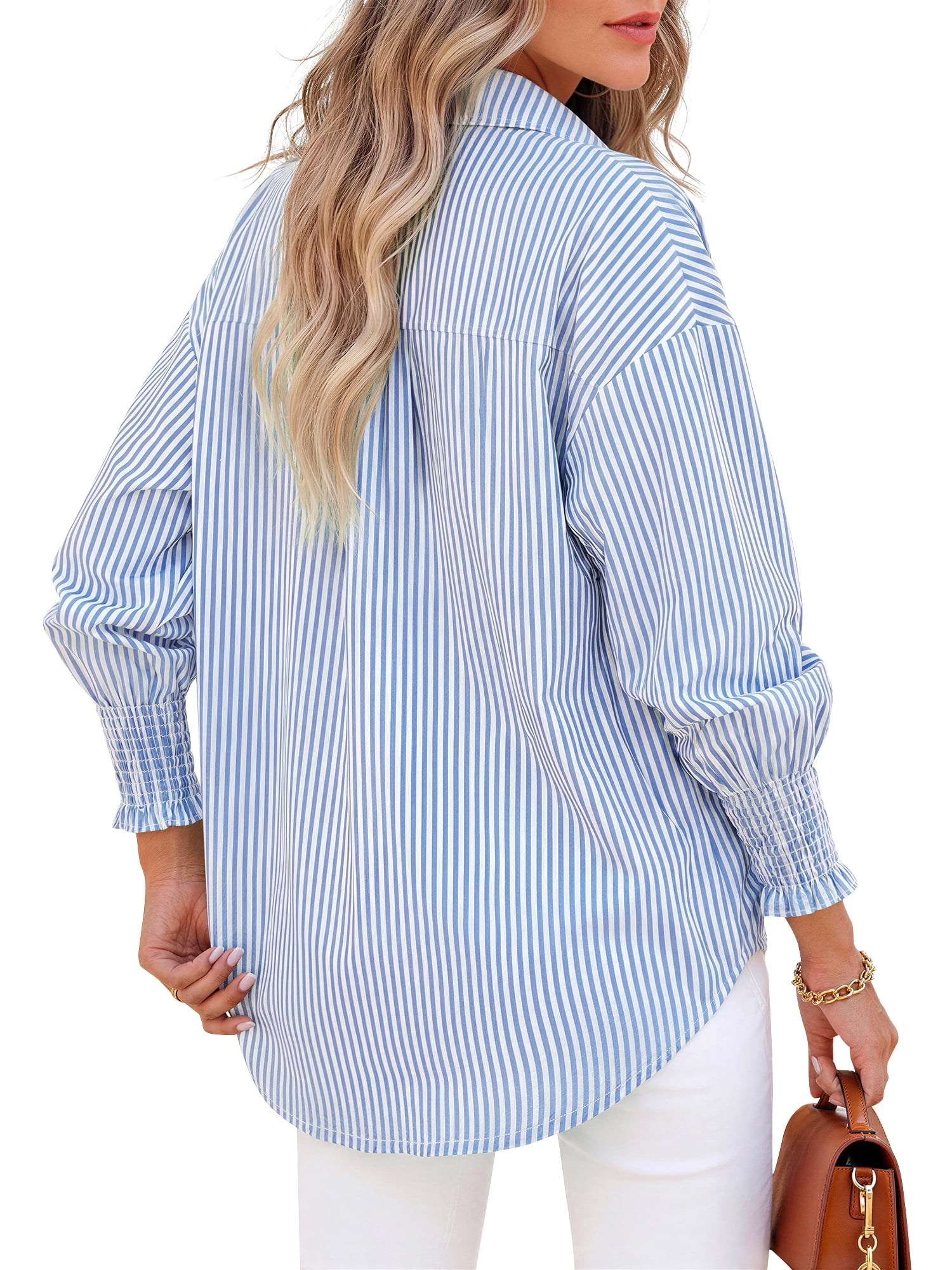 Fantaslook Women's Striped Button Down Shirt Long Sleeve Blouse with Pocket (Blue, M) 43399
