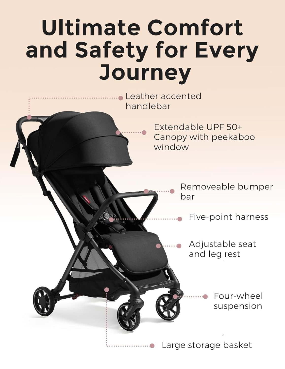 Momcozy ClickGo Lightweight Travel Stroller, Compact One-Click Fold Stroller with UPF50+ Canopy (Black, 50 lb) 1boej