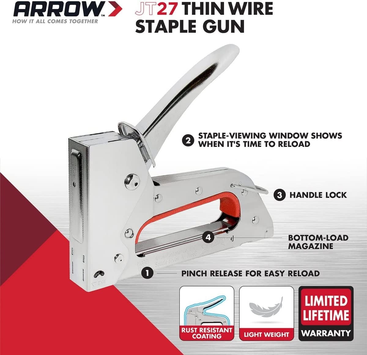 Arrow JT27 Light-Duty Chrome Finish Manual Staple Gun (Silver, 1 Pack) nz7cc