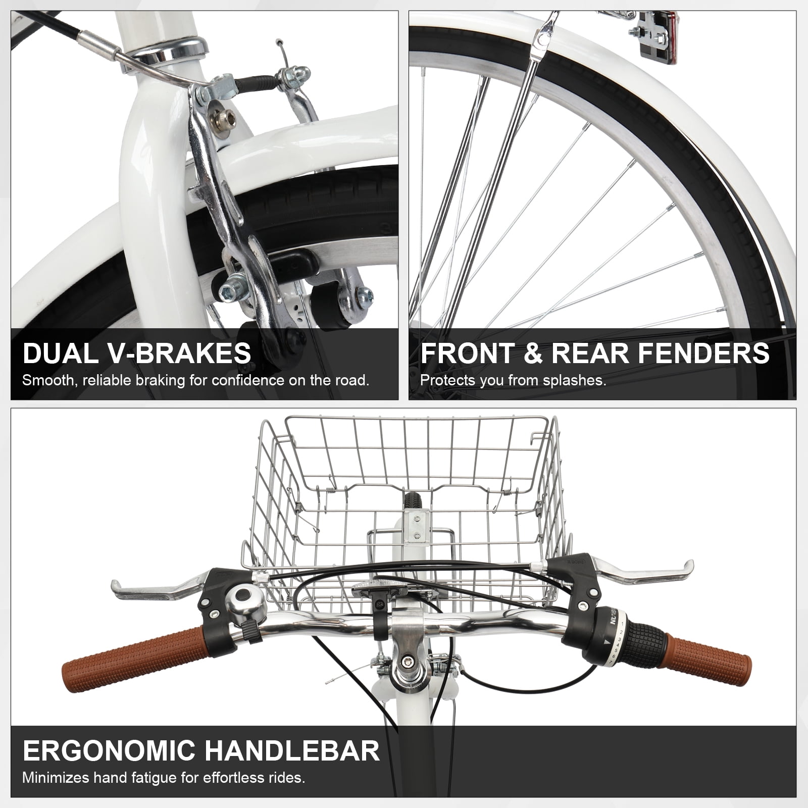 Ktaxon 26 in Women's 7-Speed Cruiser Bike, Step-Through City Bicycle with Basket and Rear Rack (White, 26 in) 3ajqc