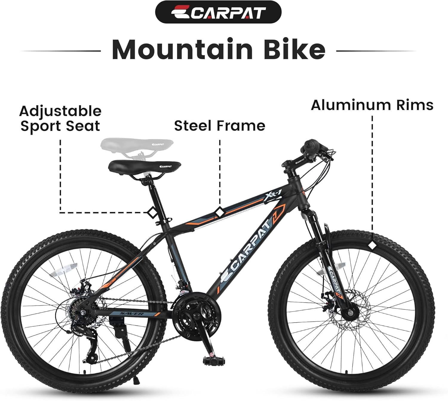 SUWU Mountain Bike 21-Speed High Carbon Steel MTB with Dual Disc Brakes and Suspension Fork (Orange, 26 in) blk3e