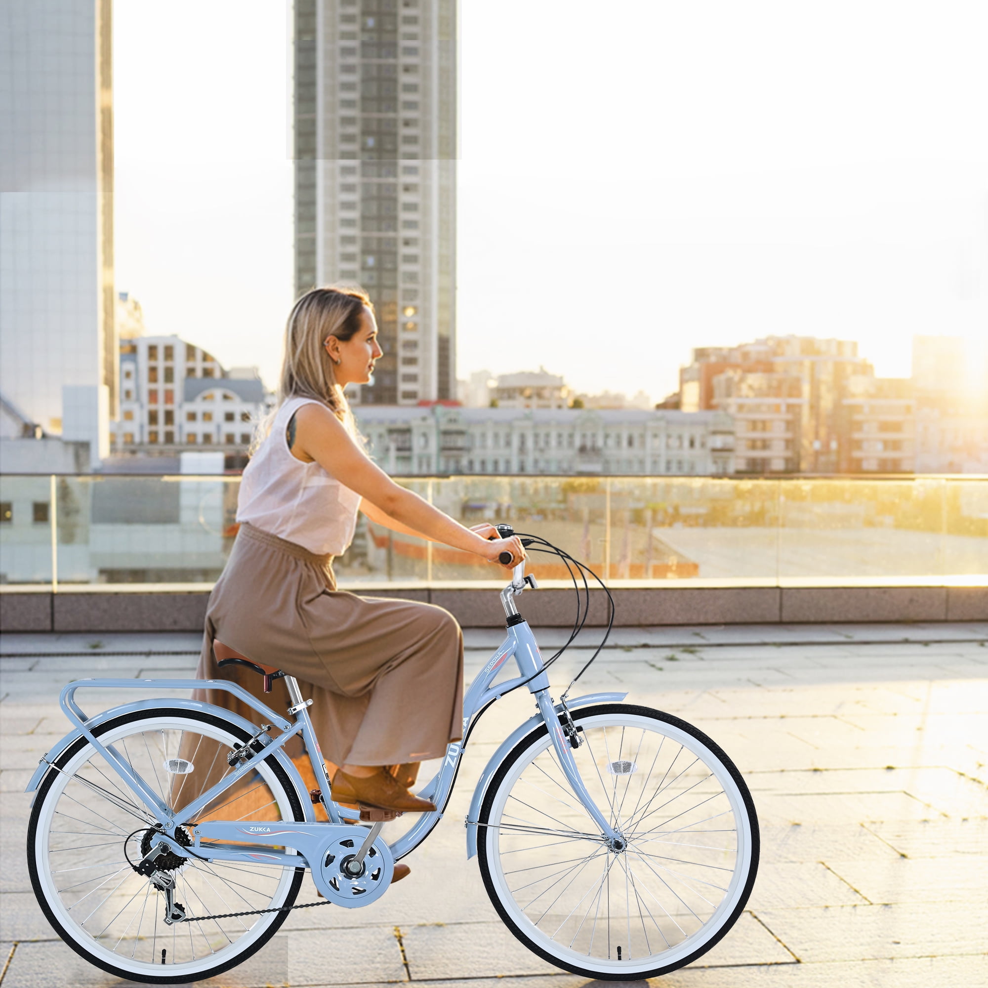 Aezusy Womens 24 in 7-Speed Beach Cruiser Bicycle, Commuter City Bike (Blue, 24 in) 8ensy