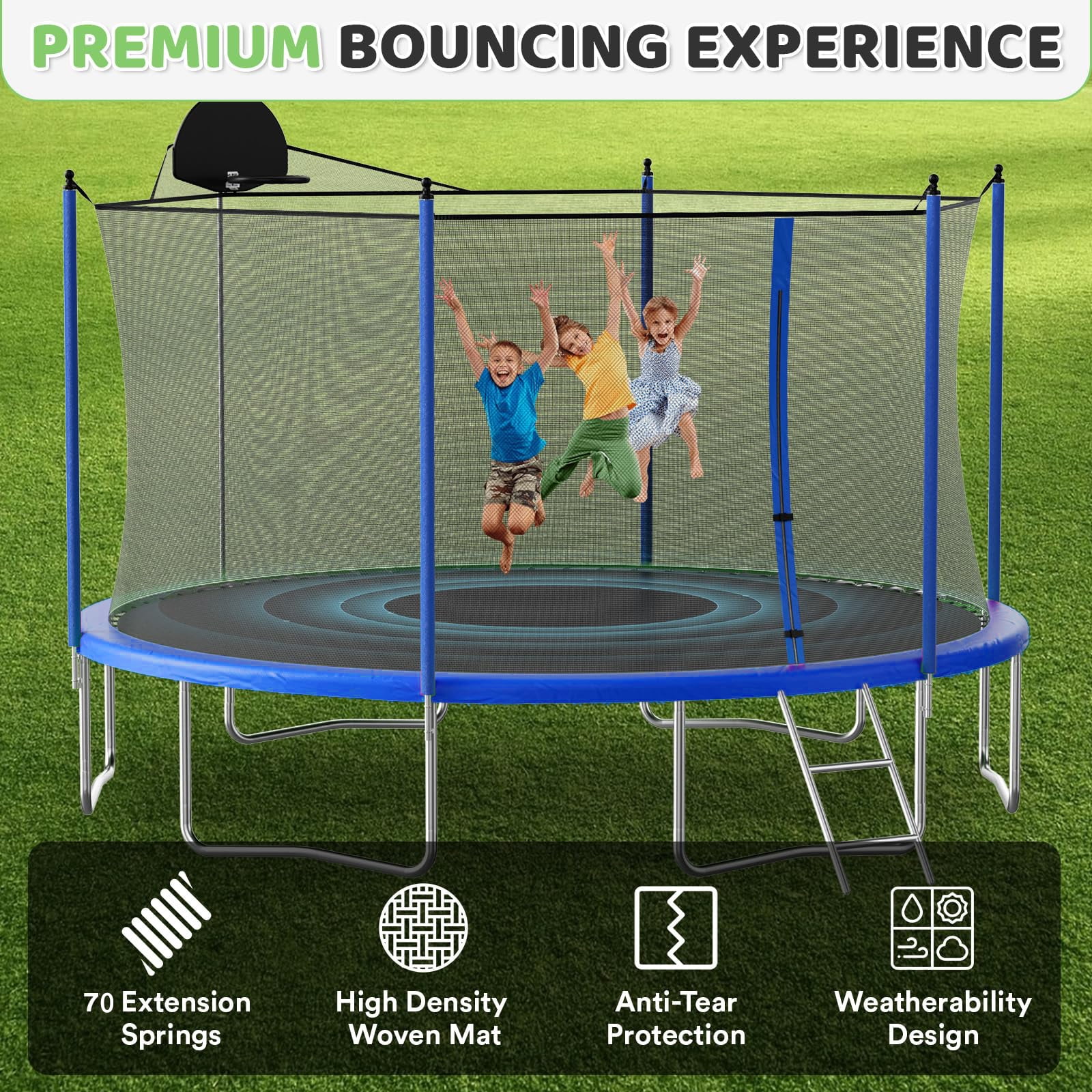 LIZEVINC 12 ft Round Outdoor Recreational Trampoline with Enclosure Net, Basketball Hoop and Ladder (12 ft) mgs95
