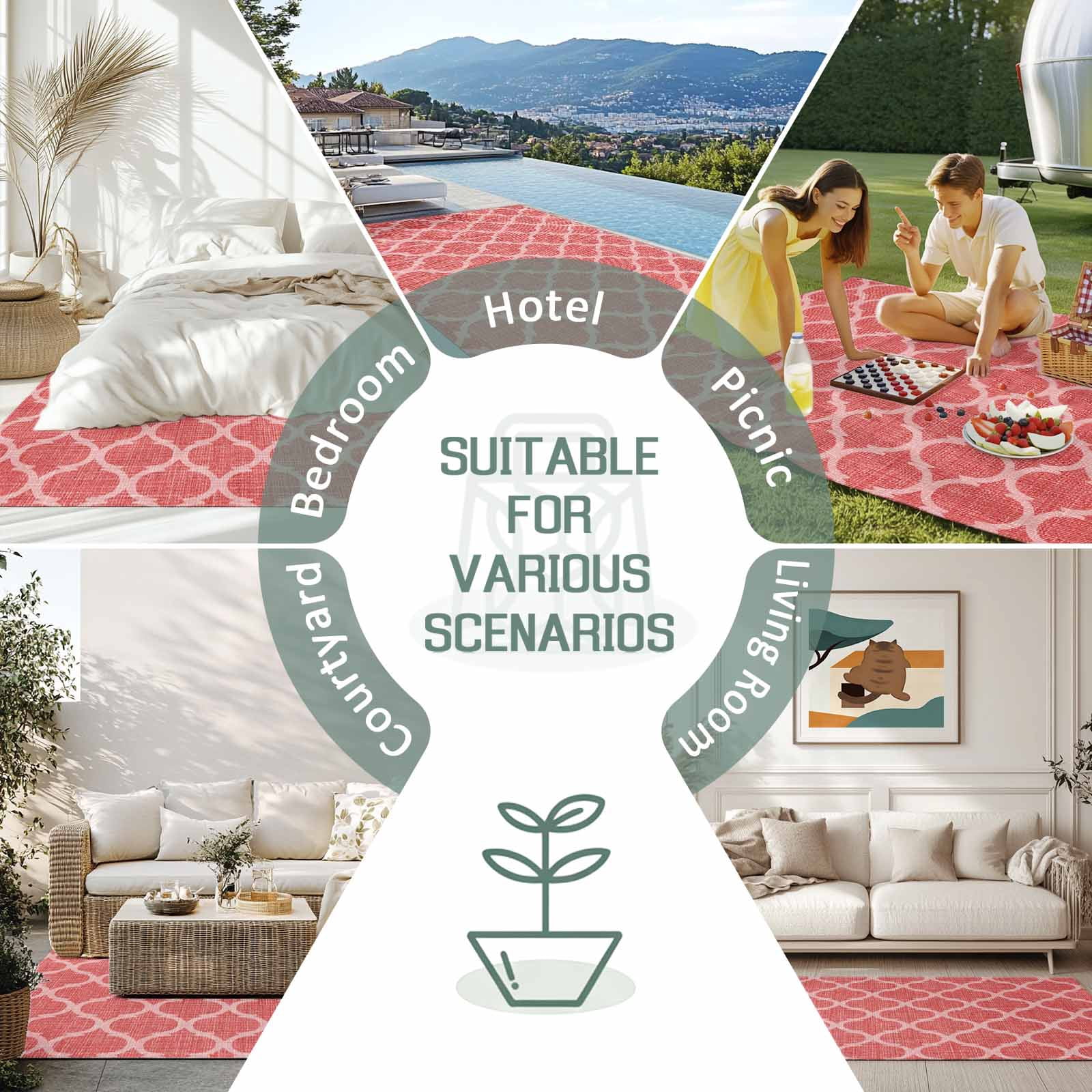 Xipuska Moroccan Outdoor Rug, Reversible Geometric Patio Area Rug, Non-Slip Washable Carpet for Deck and Porch (Red, 4 ft x 6 ft) mtu4g