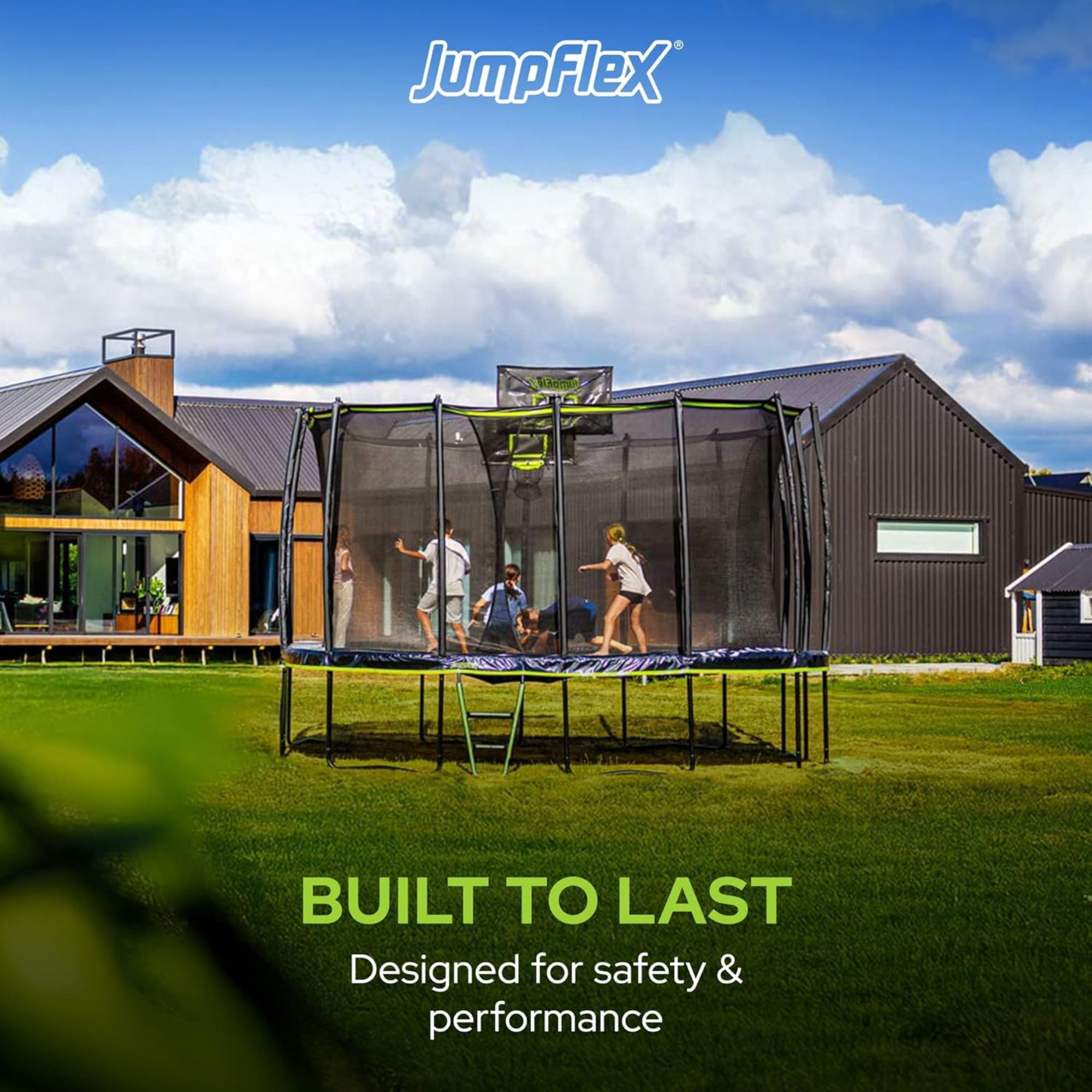 JumpFlex 19 ft Trampoline MEGA Outdoor Playset with Safety Net and Ladder (Green/Black, 19 ft) 5didx
