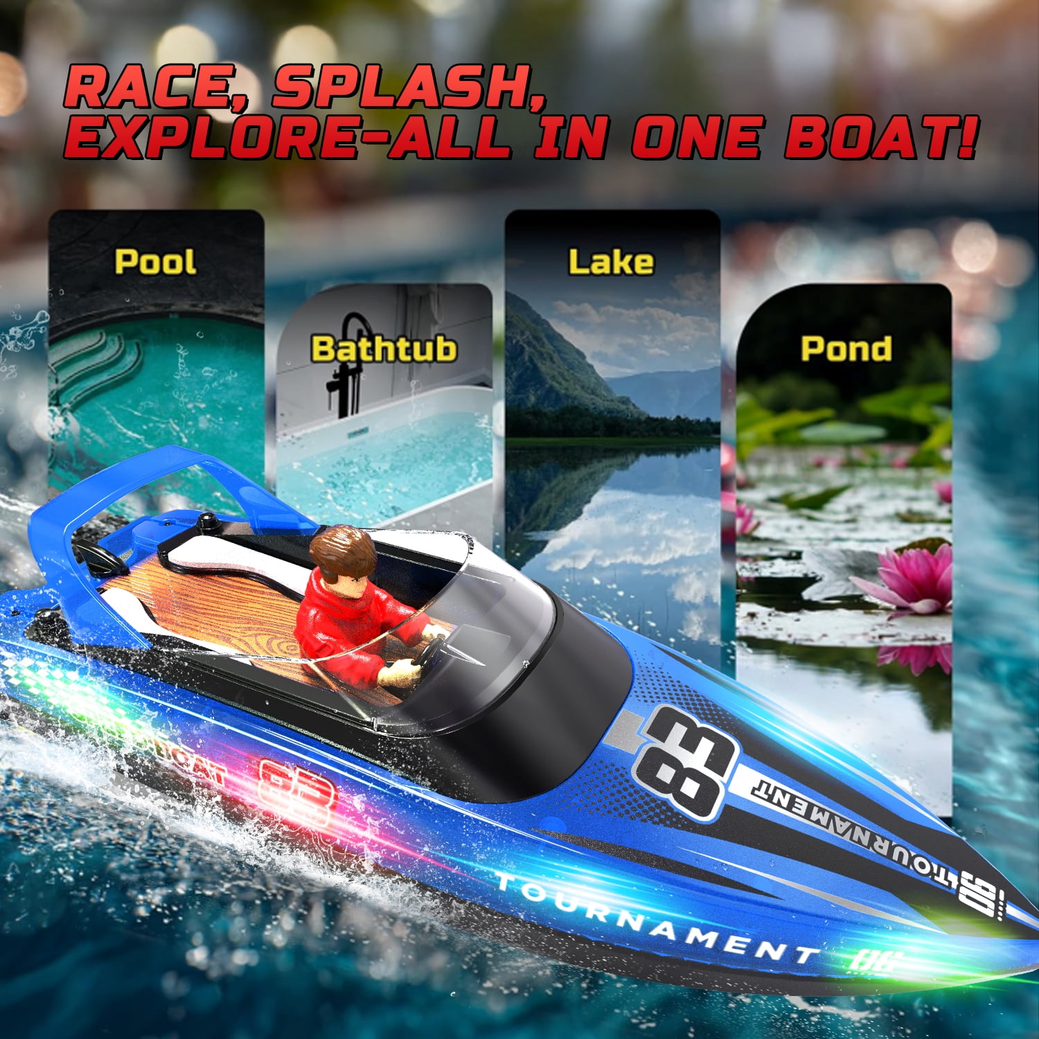 JoyStone RC Boat with LED Lights, Dual Motor Remote Control Racing Speedboat for Pools and Lakes (Blue, 10 in) dva7n