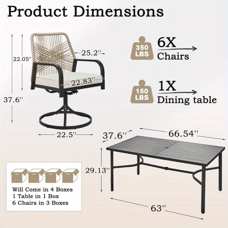 U-HOMY 7-Piece Outdoor Dining Set, 6 PE Woven Rattan Swivel Chairs with UV-Resistant Cushions & Steel Slat Table (Beige, 7-Piece Set) w076y