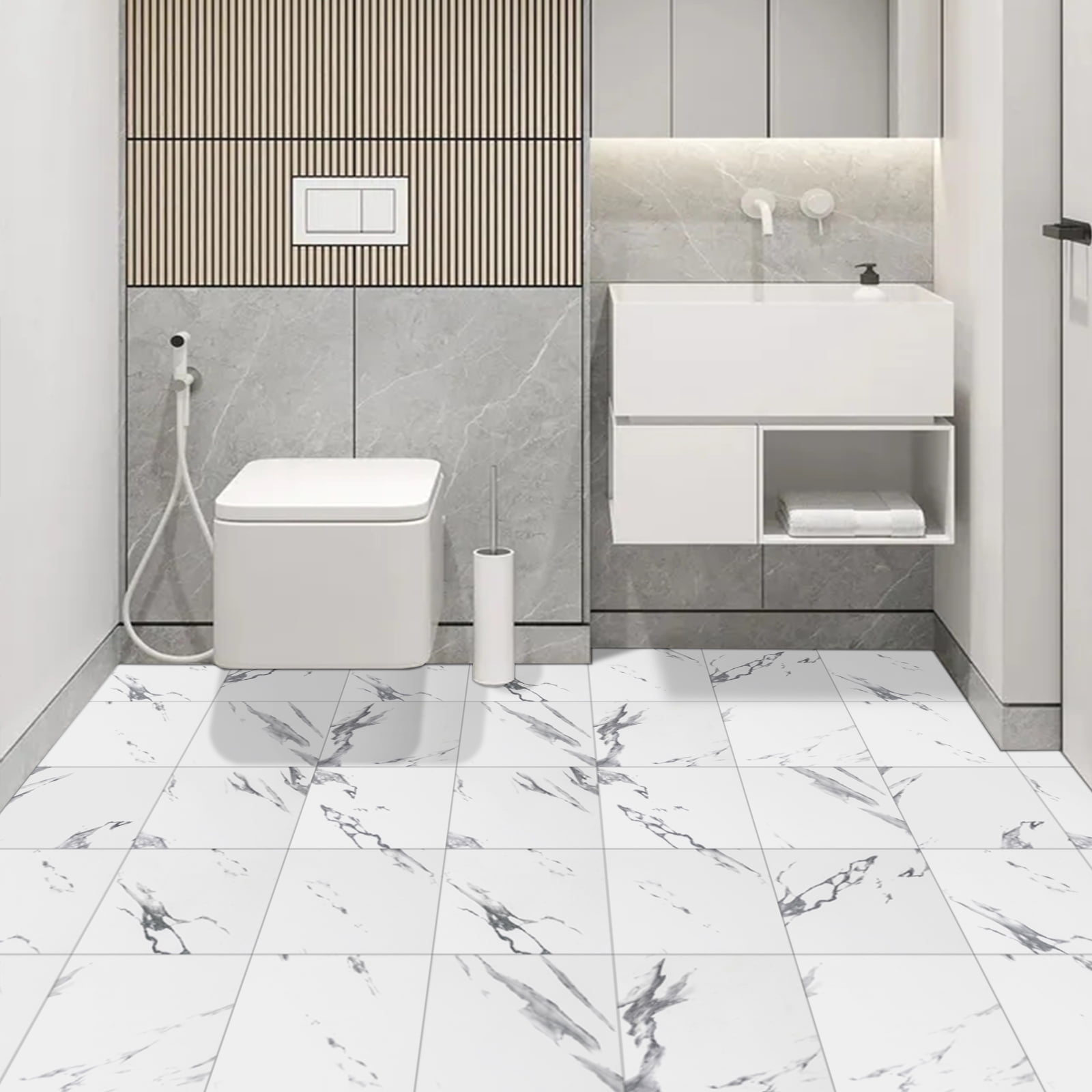 Abyssaly Peel and Stick Vinyl Floor Tiles, Waterproof Marble Design Flooring for Kitchen and Bathroom (White, 12 in x 12 in, 10 Pack) kucl6
