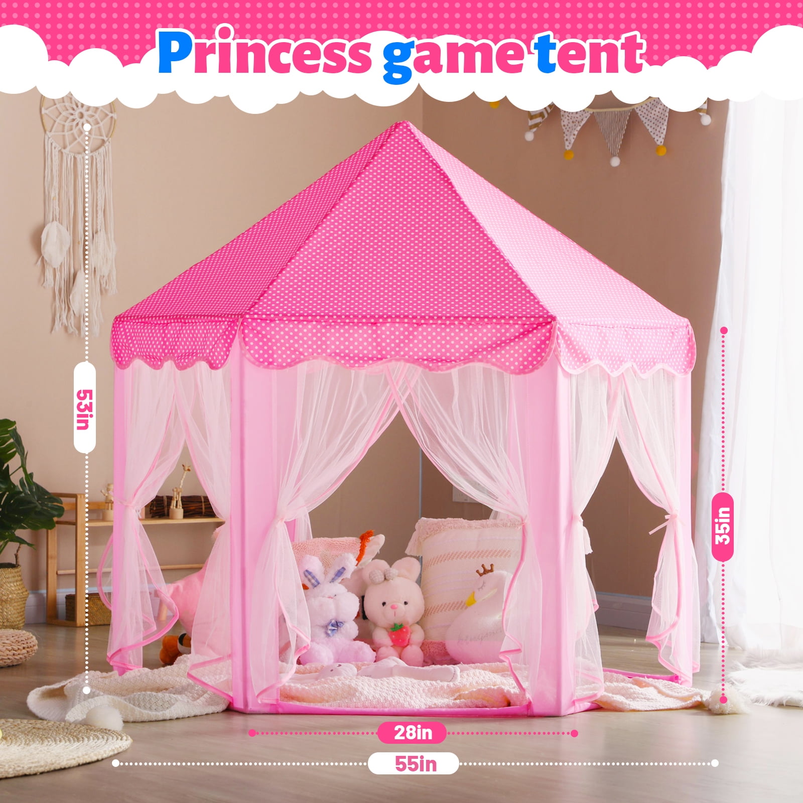 Wilwolfer Princess Castle Kids Indoor Play Tent, Hexagon Fabric Playhouse with Star Lights (Pink, Large) xa3zu