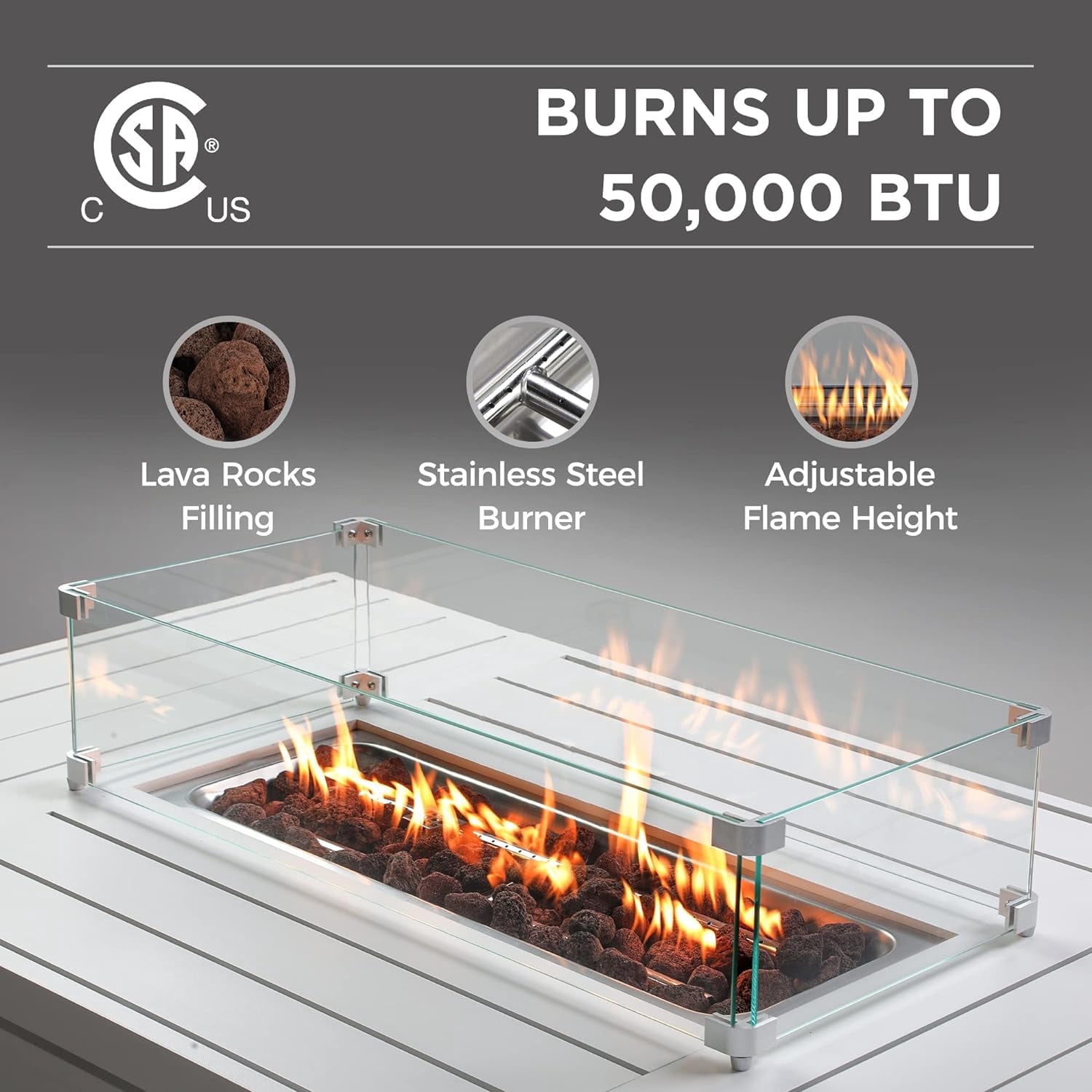 RoyalCarft Outdoor Patio Aluminum Propane Gas Fire Pit Table, 50,000 BTU Rectangular Fire Table with Stainless Steel Burner and Waterproof Cover (White, 54.3 in) v44eq