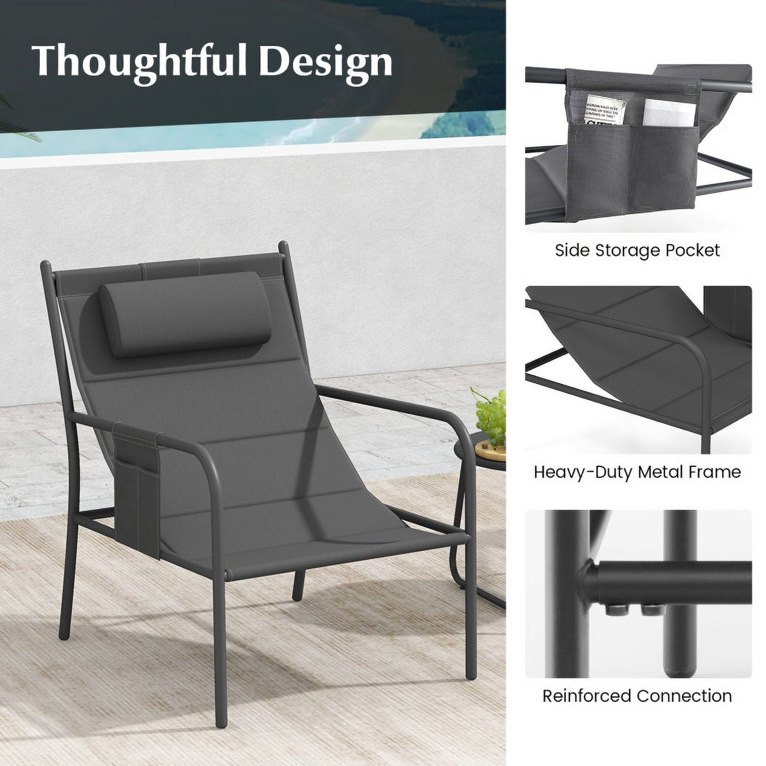 Barara King 3-Piece Outdoor Bistro Set with Metal Chairs and Coffee Table (Gray, 32 in x 24 in x 33 in) bfvqd