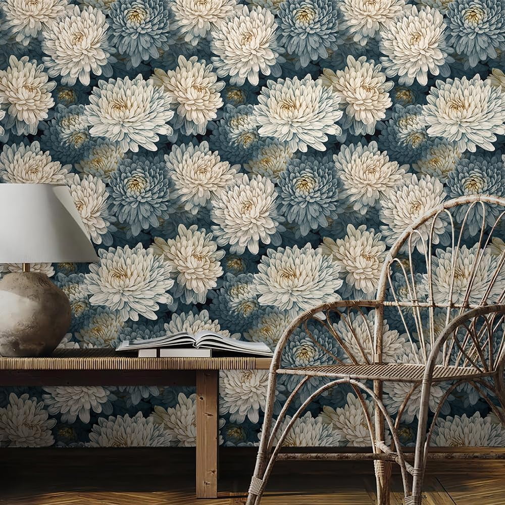 Usachibb Floral Peel and Stick Wallpaper Vintage Navy Botanical Contact Paper for Furniture and Walls (White, 17.7 in x 118.1 in) 80m28
