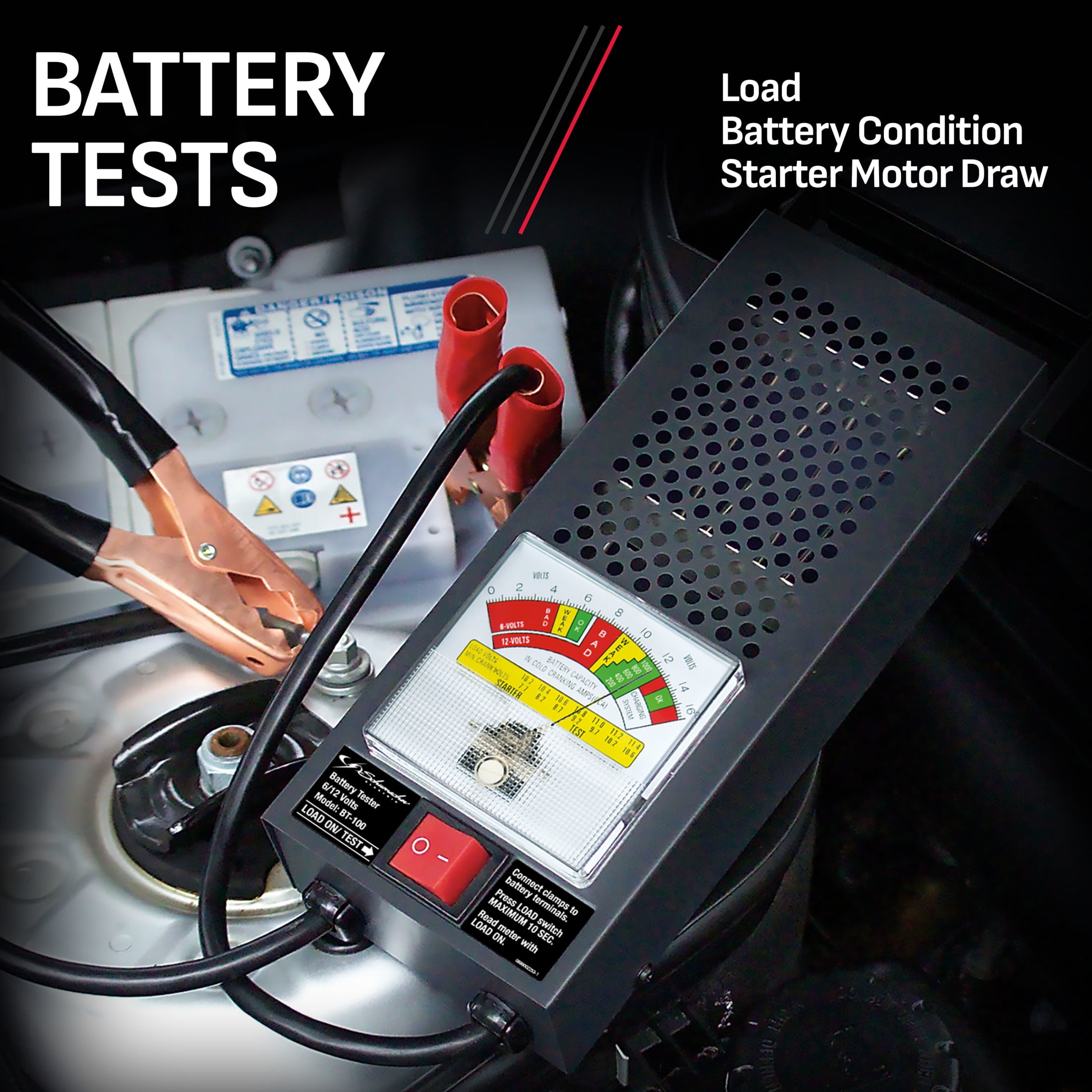 Schumacher Electric 100A Battery Load Tester and Voltmeter for 6V/12V Automotive and Marine Systems (BT-100) dgrgn