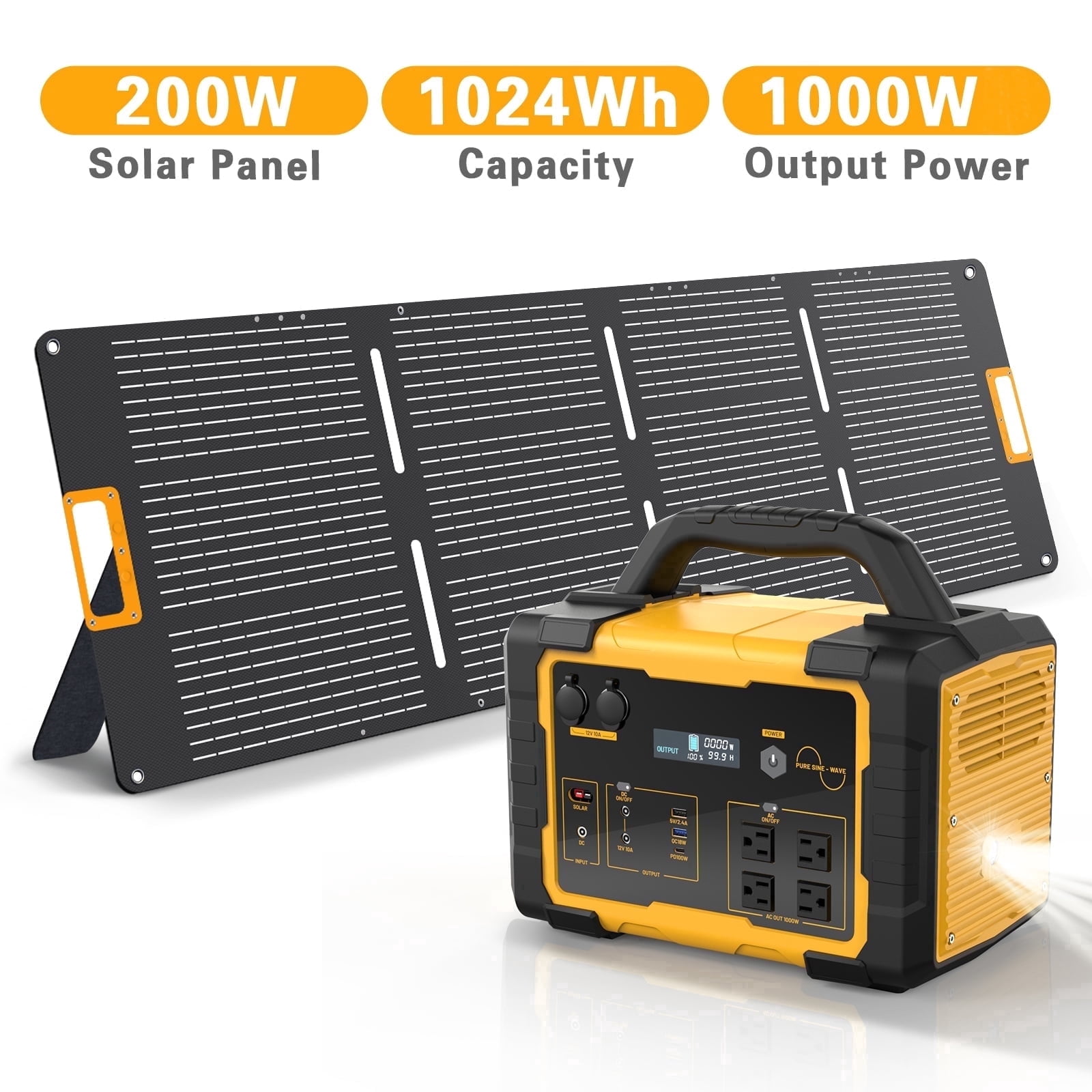 MUSSLAN Portable Solar Generator Power Station with 200W Solar Panel (1024Wh, Yellow) bftgj