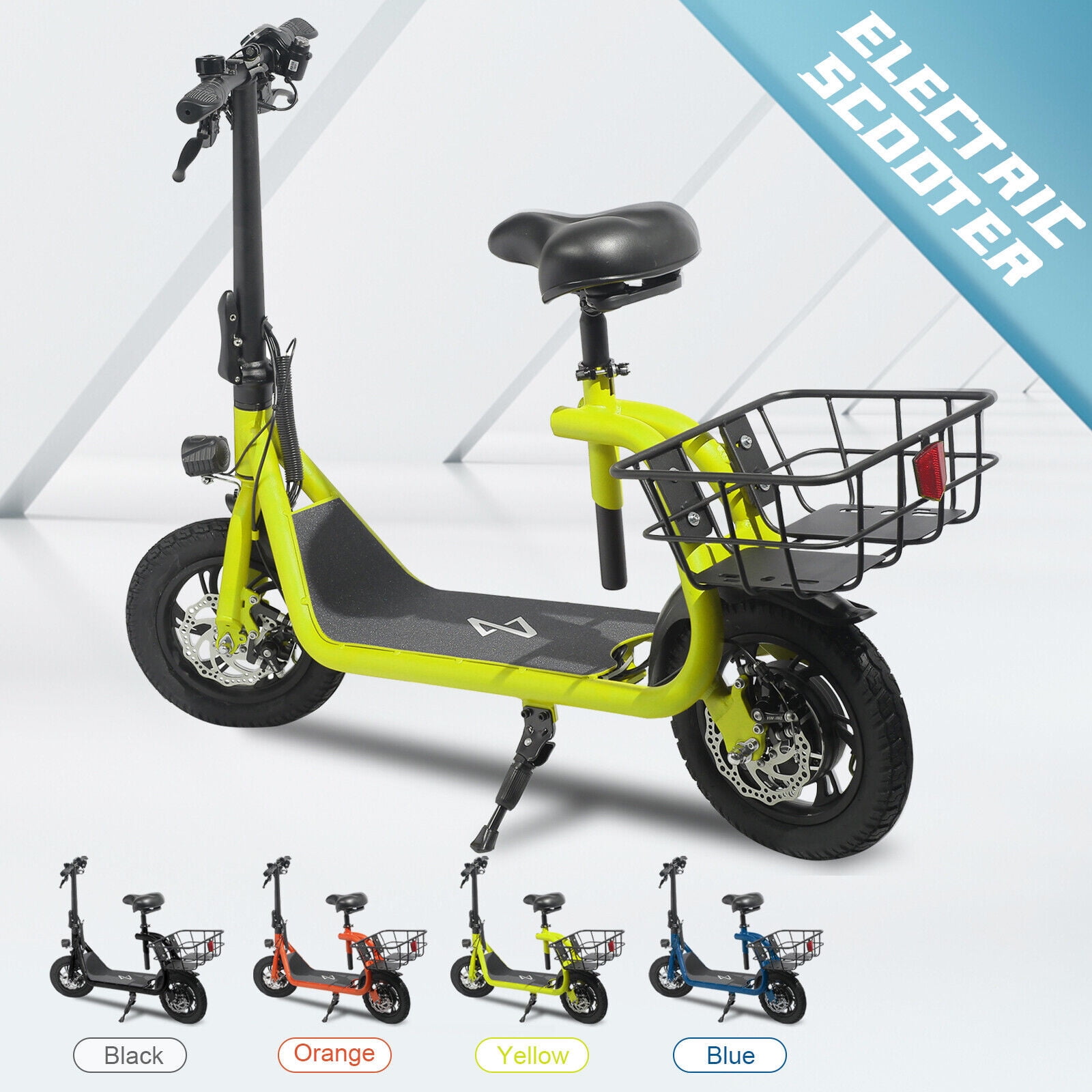 Lohoms 450W 36V Foldable Electric Commuter E-Bike with Seat and Basket (Yellow, 12 in Tires) rc78x