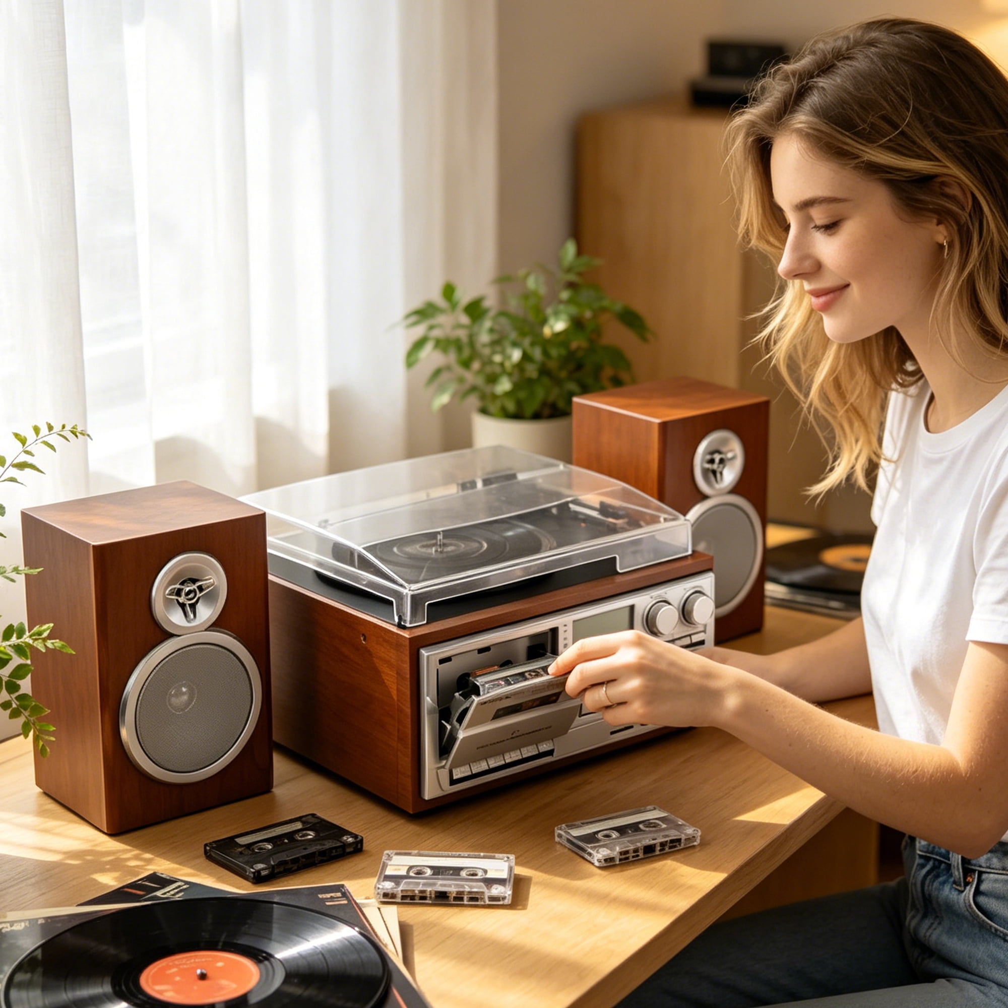 RetroAudio 10-in-1 Vintage Turntable System with Dual External Speakers, Bluetooth Connectivity, CD and Cassette Player (Brown) ltp6i
