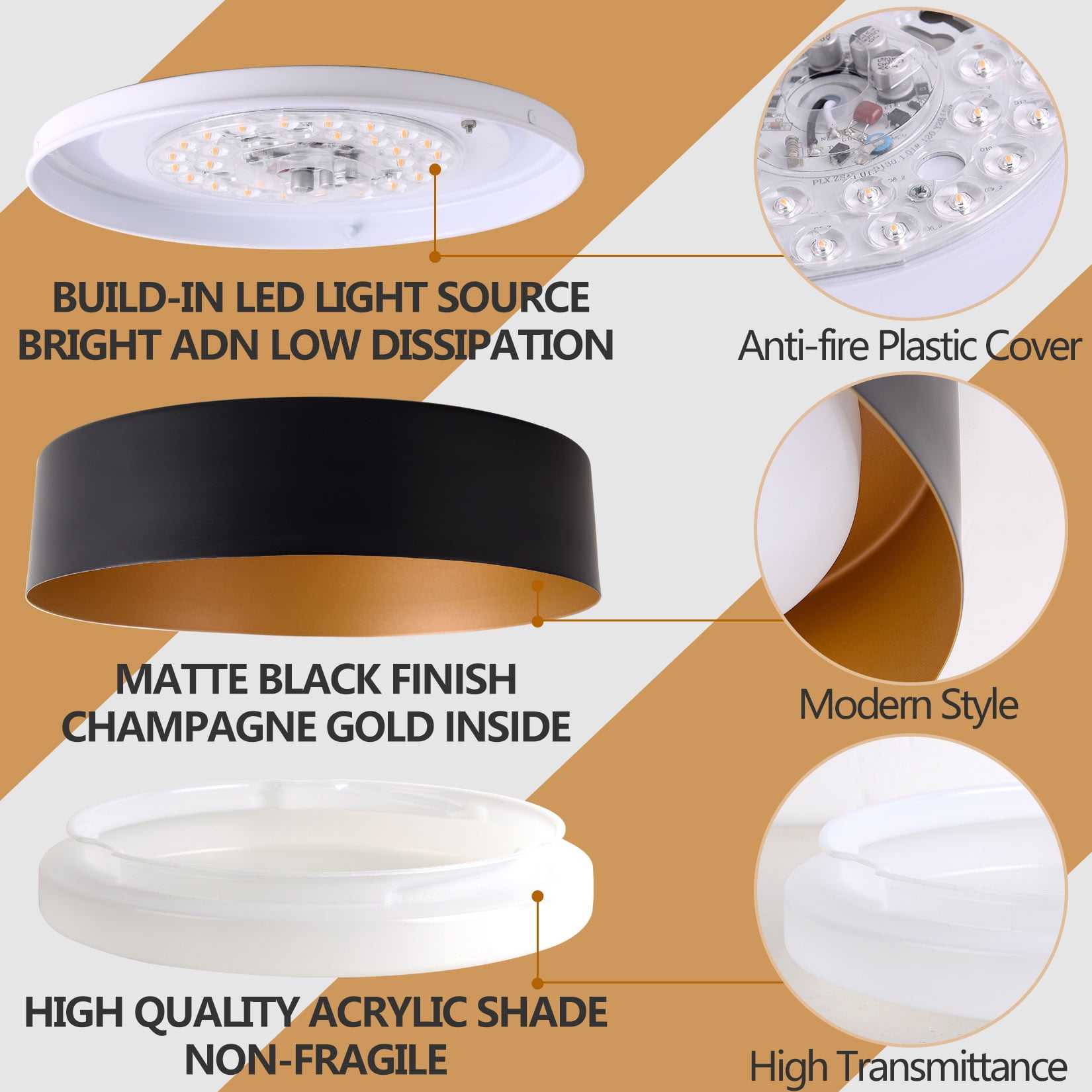 BESTOMINE LED Flush Mount Ceiling Light, Modern Dimmable Fixture for Bedroom and Hallway (Matte Black and Gold, 12.5 in) f7oba