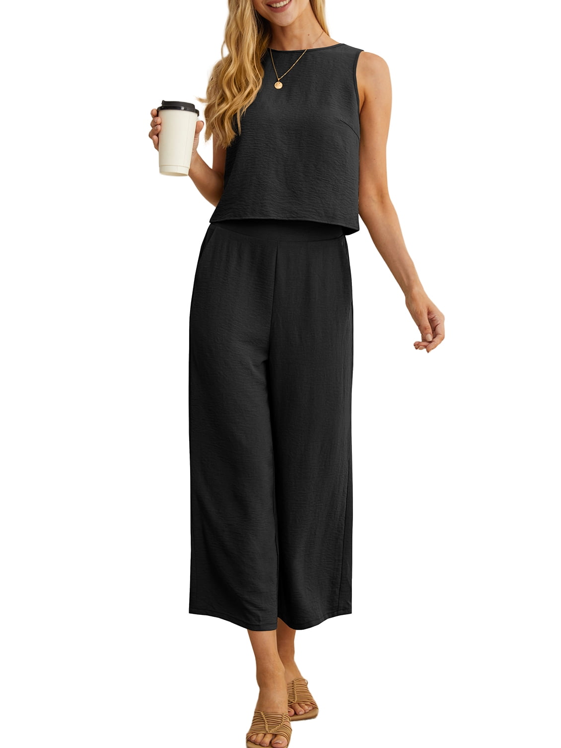 Cueply Women's Summer 2 Piece Lounge Set Sleeveless Crop Top and Wide Leg Cropped Pants (Black, M) g25z9