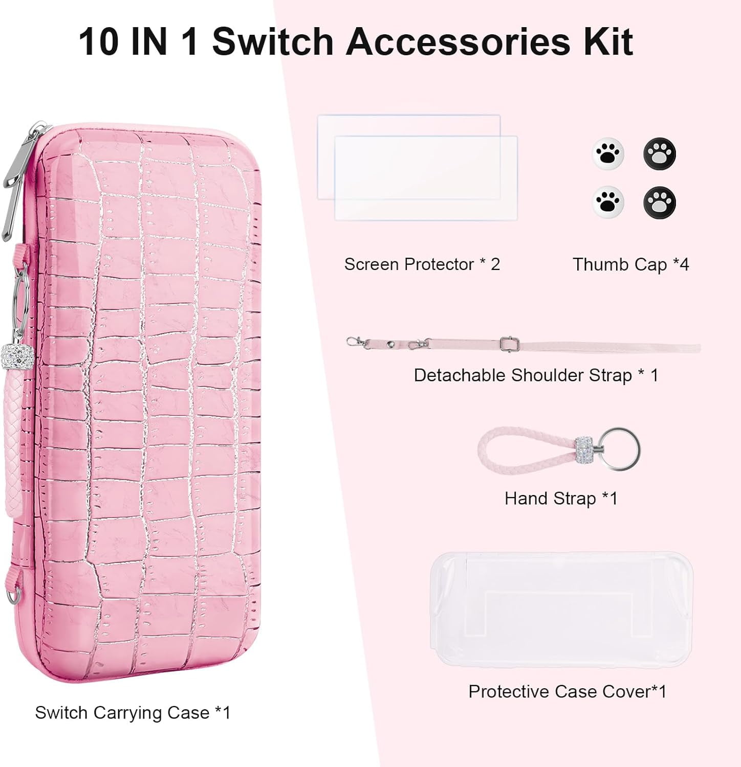 HOMICOZY Carrying Case for Nintendo Switch OLED, Protective Accessories Set with TPU Cover, Screen Protector, and Adjustable Strap (Pink Crocodile, 10.4 x 5.1 x 1.8 in) wxav3