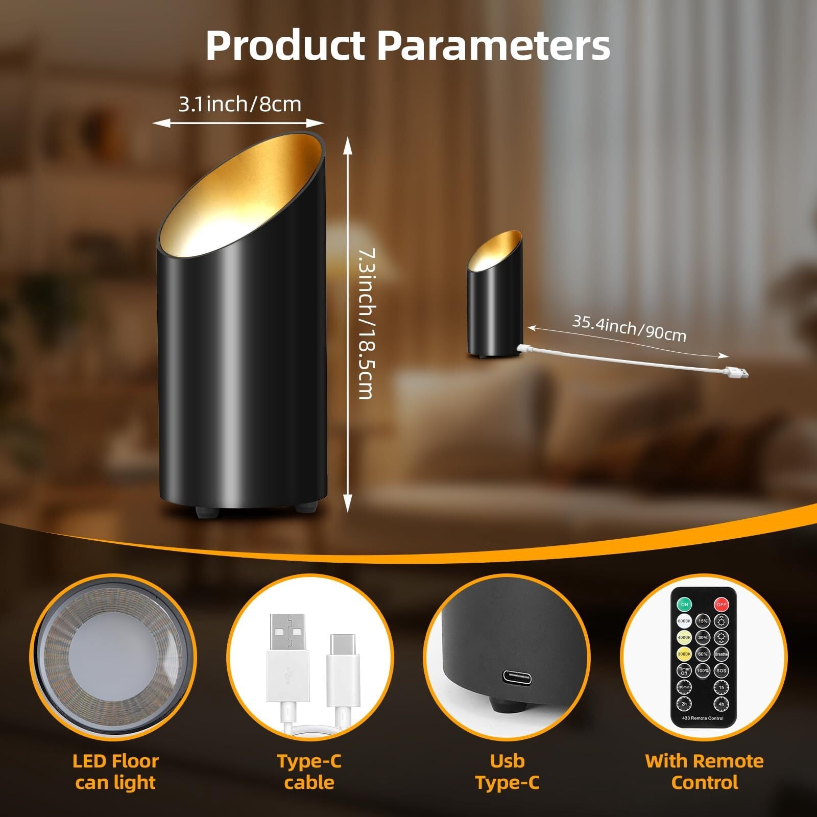 Huzeijin Wireless LED Uplight with Remote and Timer (Dimmable, 3 Color Temperatures, 1 Pack) 2yfty