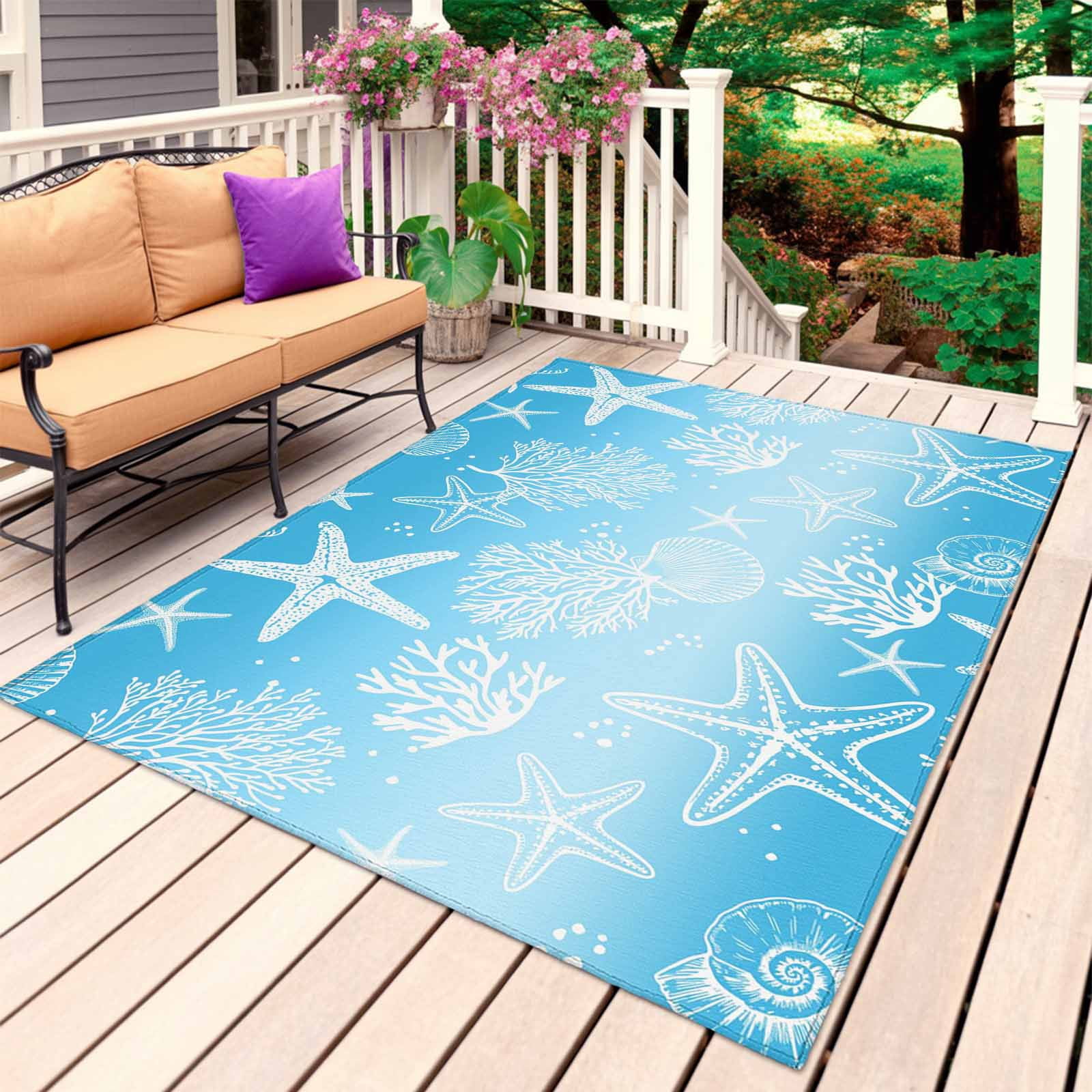 ERUNPONLY Coastal Outdoor Rug, Non-Slip Washable Area Carpet for Patio and Deck (Blue Ombre, 3 ft x 5 ft) 61tw2