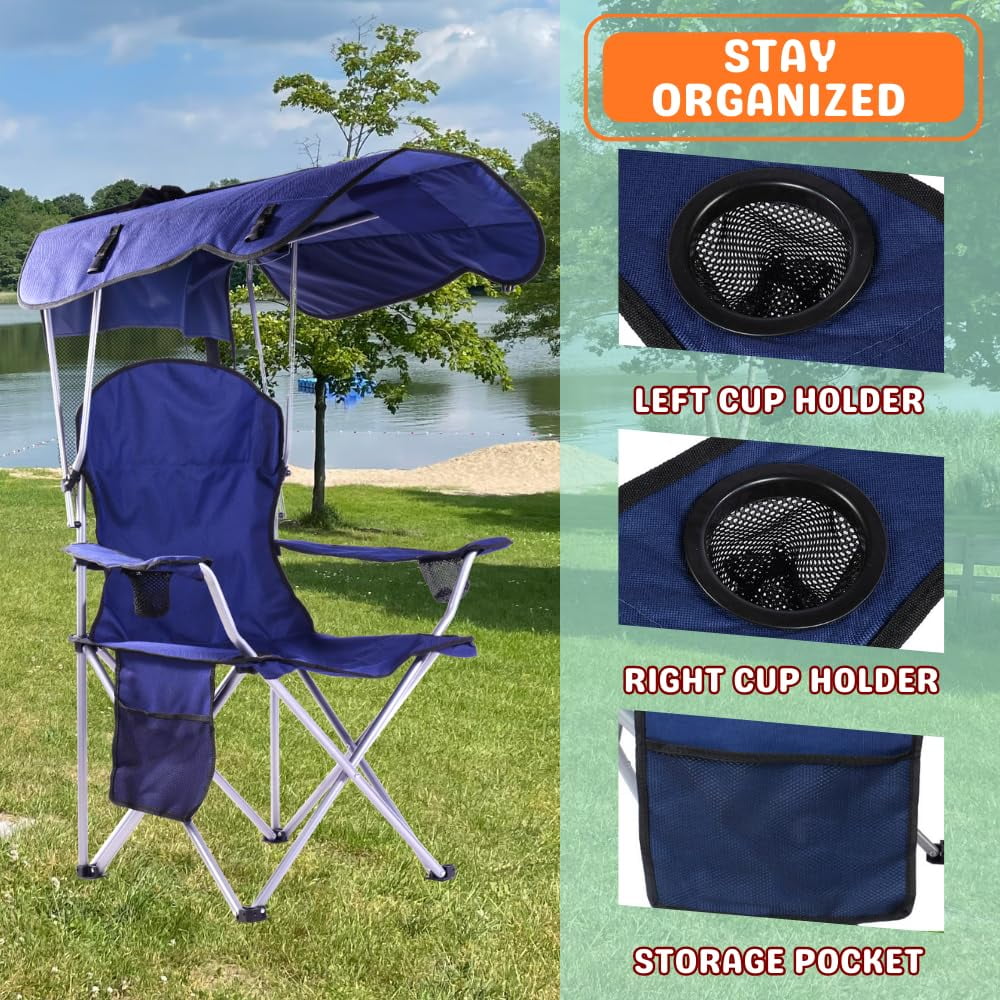 VTOY Folding Camping Chair with Sun Canopy and Cup Holder (Navy, 300 lb Capacity) r5kta