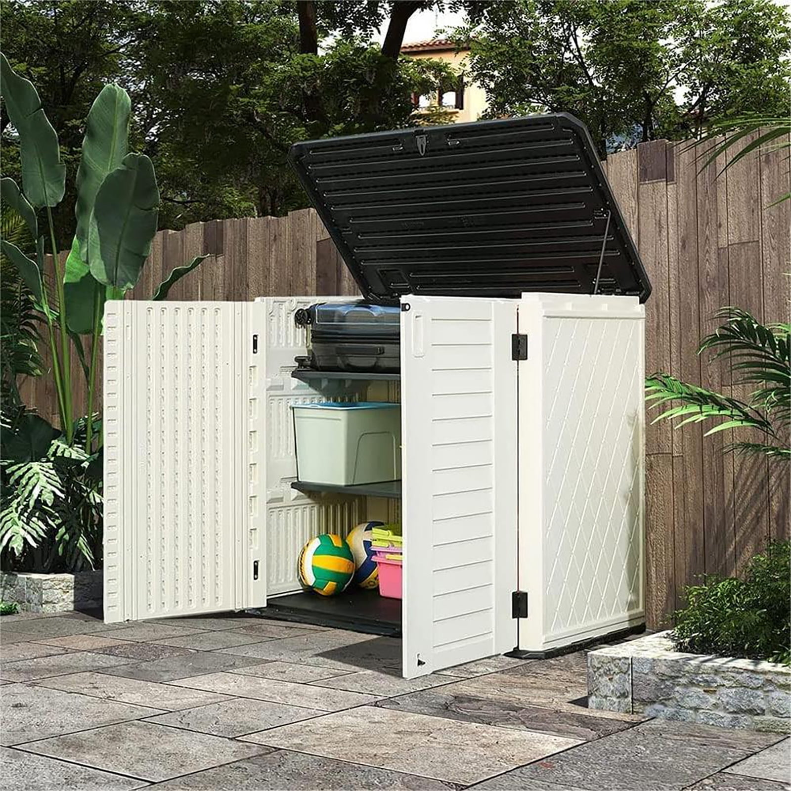 Ledmomo Outdoor Garden Storage Box, Weatherproof Resin Cabinet for Patio and Backyard (White, 34 cu ft) 9f40g