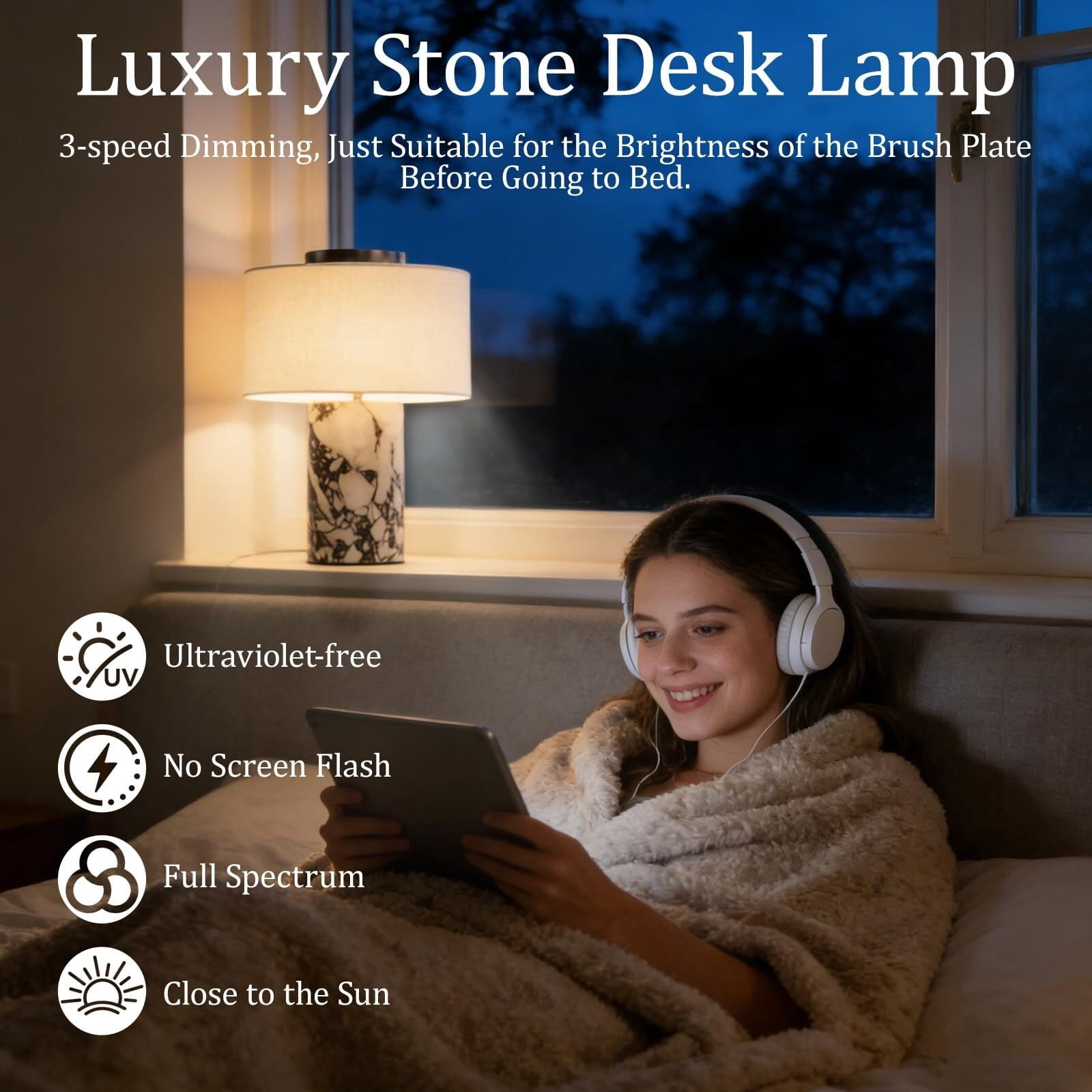 Generic Marble Table Lamp Rechargeable LED Nightstand Light with USB Port (White, 7 in x 10 in) jd5a4