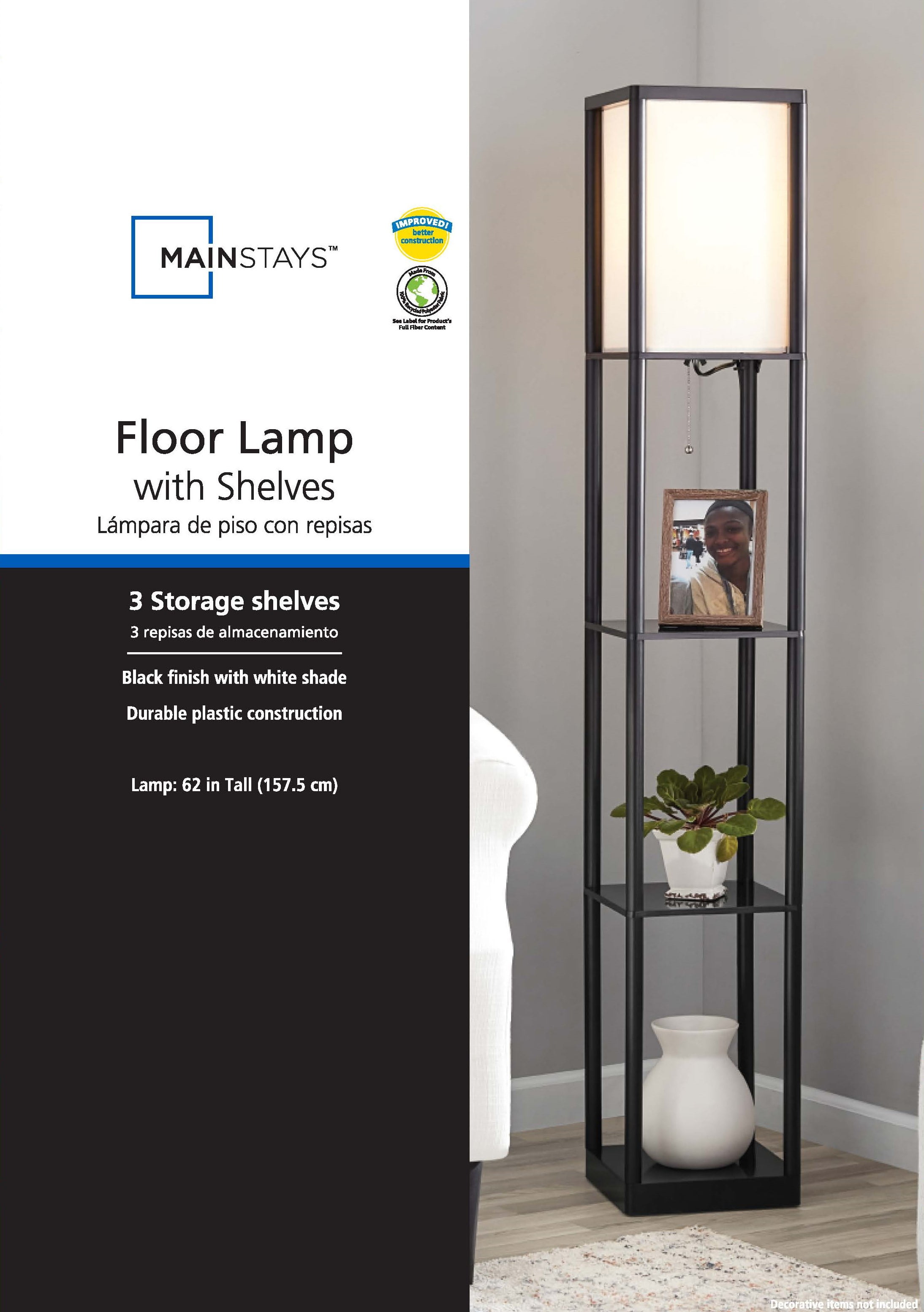 Mainstays Floor Lamp with Storage Shelves and Fabric Shade (Black, 62 in) wfgvd
