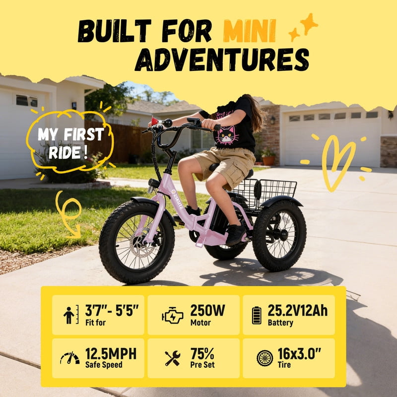 Elecby T300mini Electric Tricycle, 16 in Fat Tire Folding 3-Wheel E-Bike with 500W Motor (Pink) b4l74