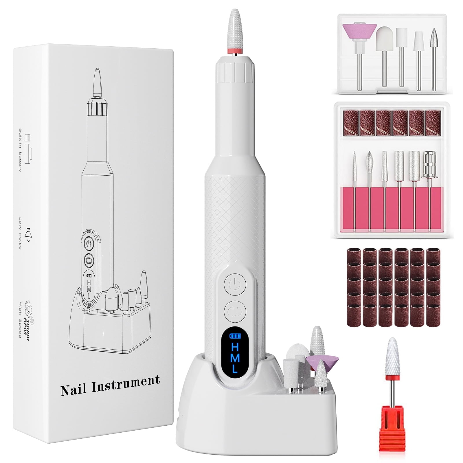 Cshidworld Electric Nail Drill Kit, Cordless Manicure Pedicure File with 12 Drill Bits & Wireless Charging Base (White) p2y0f