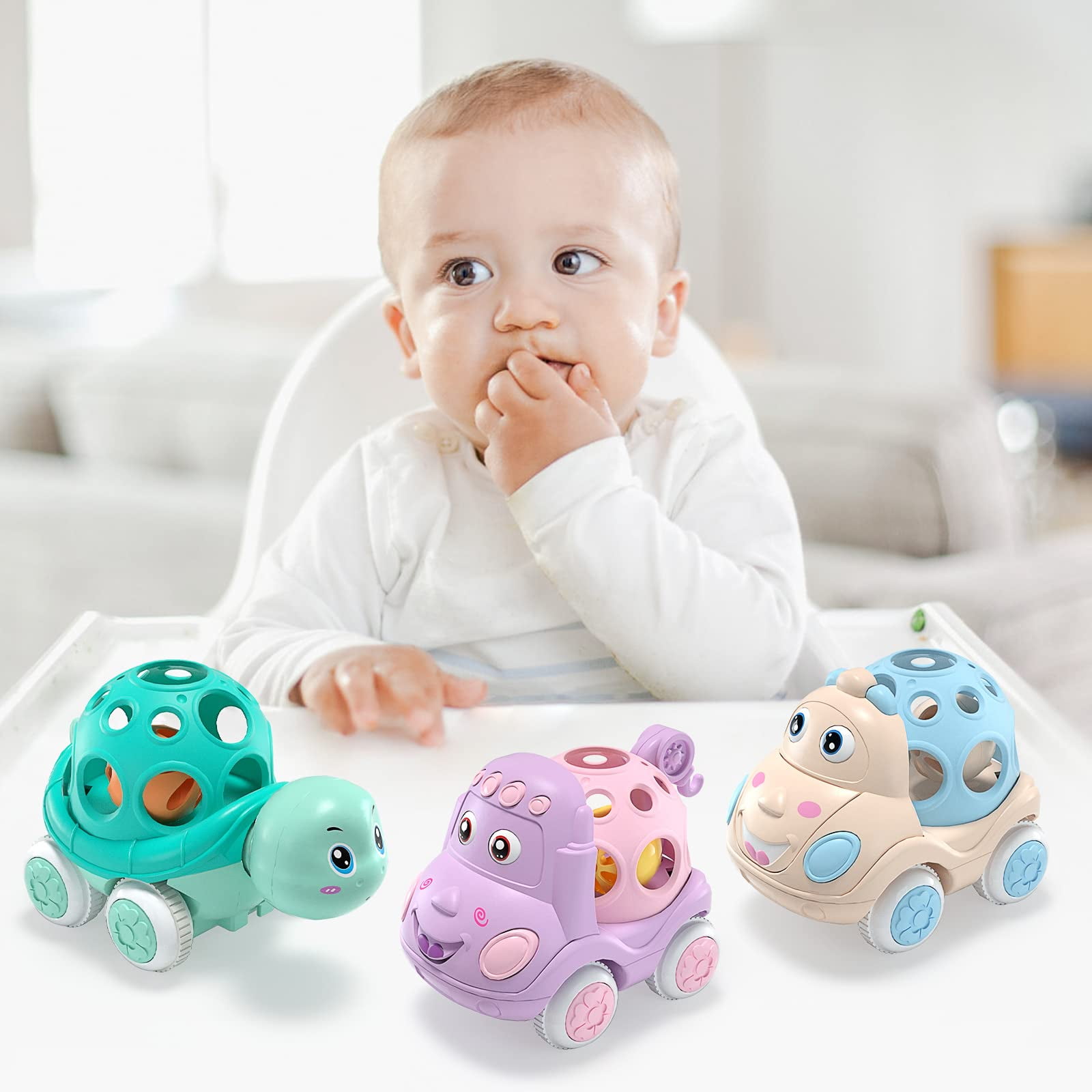 Fixdono Interactive Toddler Toy Cars, Educational Push and Go Vehicle Set for Boys and Girls (Blue, 4 in) 8iawy