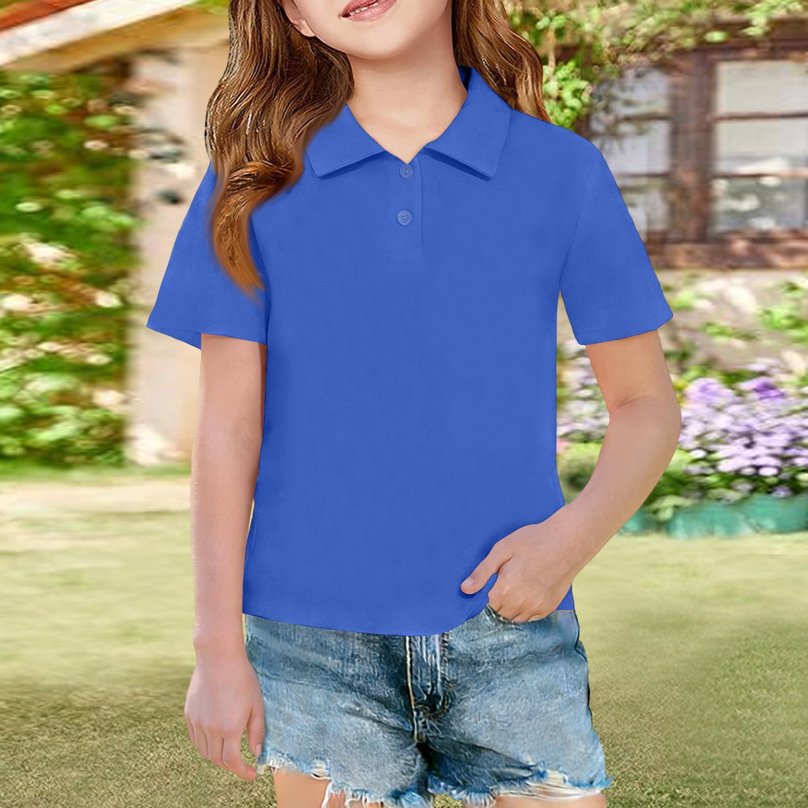 YOUYEDIAN Girls Short Sleeve Polo Shirt Kids Collared Button Down School Uniform Top (Blue, 4-5 Years) me2fs