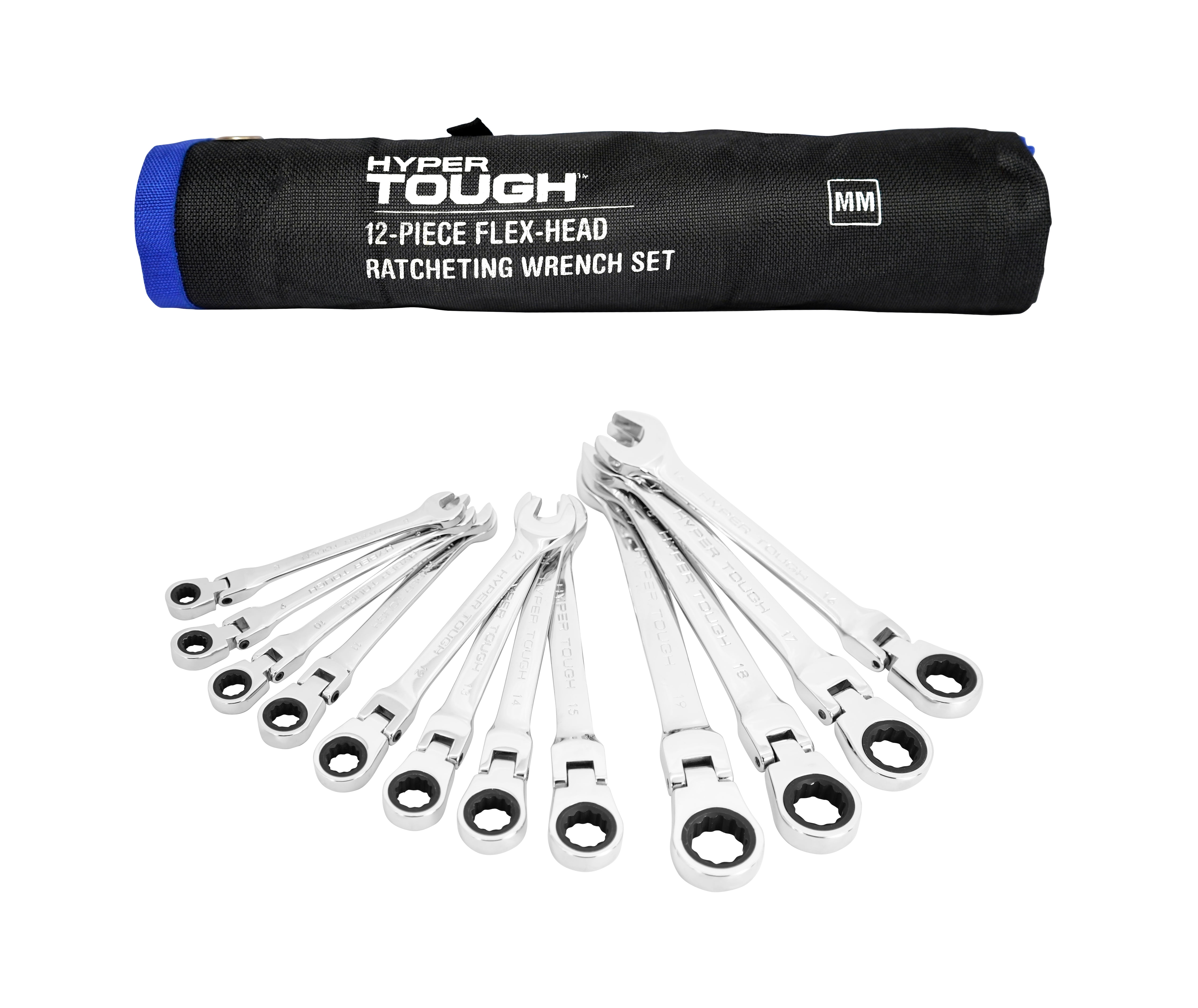 Hyper Tough 12-Piece Flex Head Ratcheting Wrench Set (Silver, 12-Piece) wg69o