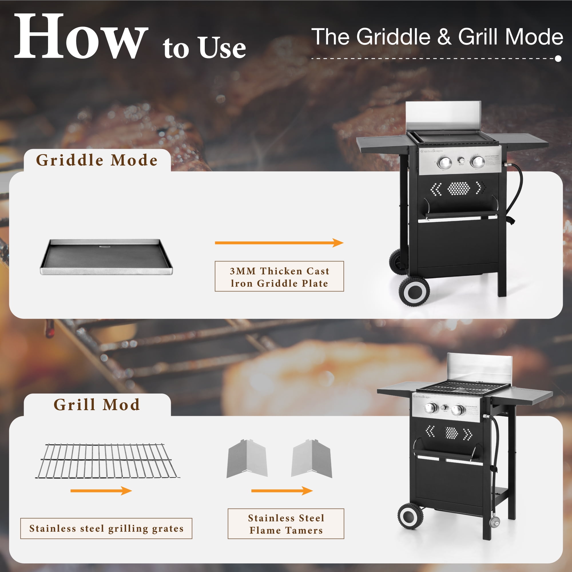 Phi Villa 2-Burner Propane Grill and Griddle Cooking Station with Side Shelves (Black) 2g8b0