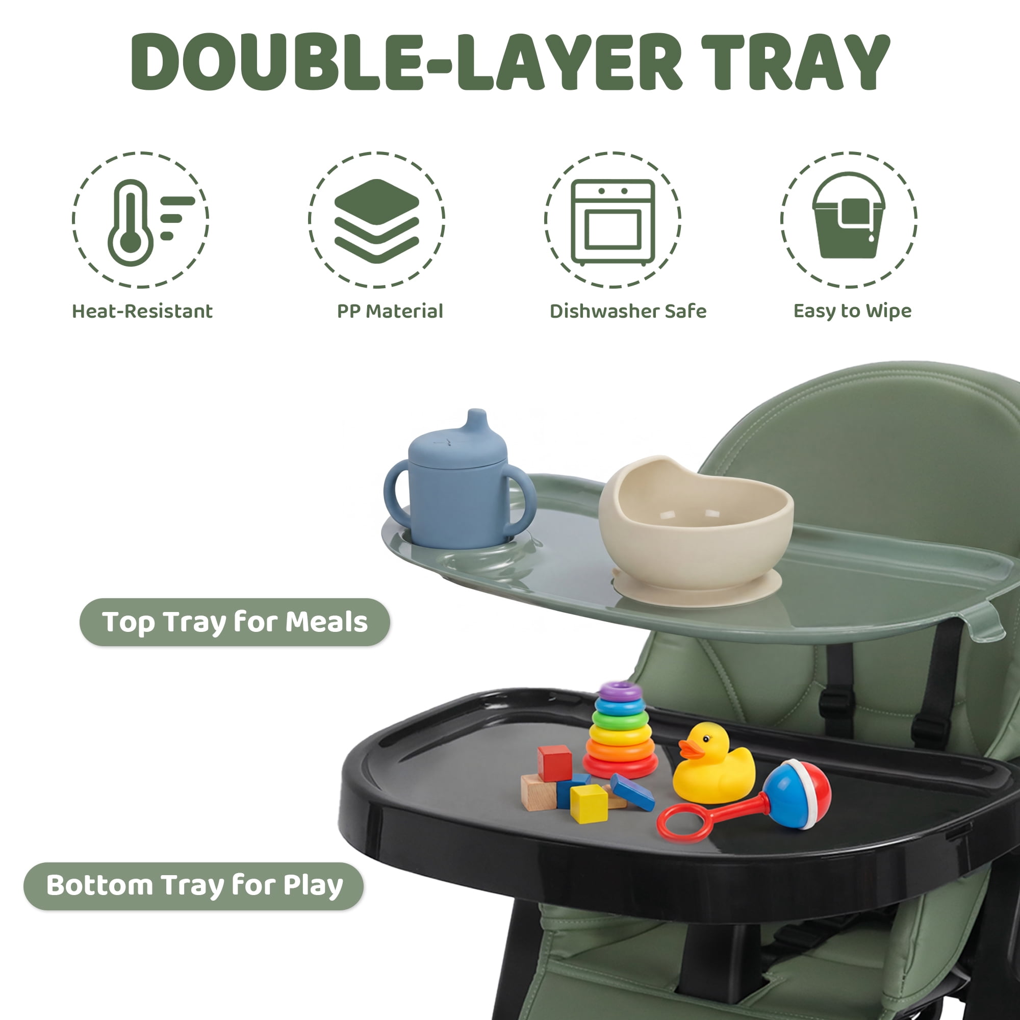 AILEEKISS Foldable Baby High Chair with Detachable Double Trays and Adjustable Recline (Green) xfin6