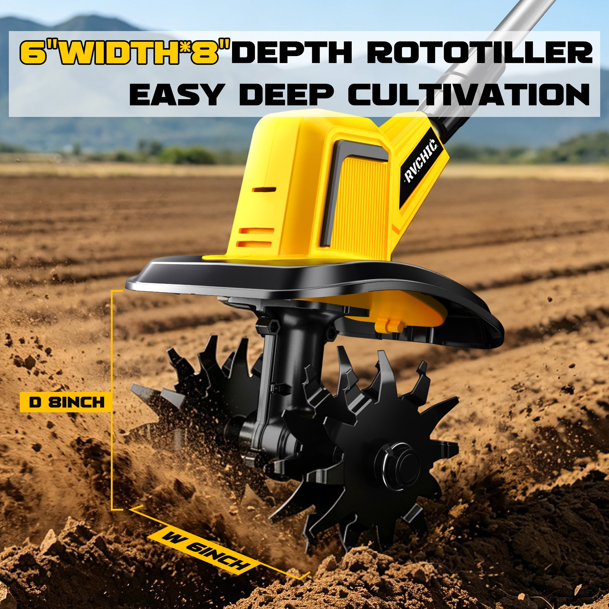Rvchic 24V Cordless Tiller Cultivator, High-Speed Electric Garden Soil Aerator with 4 Steel Blades (Yellow, 4 in Width x 6 in Depth) 29fpt