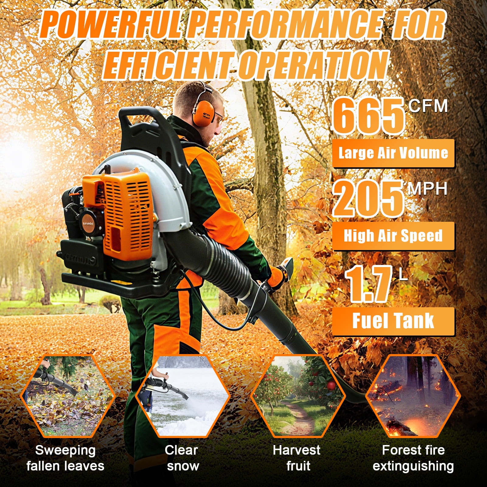 JNXYL EB650 63CC Gas Backpack Leaf Blower, Commercial Grade 2-Stroke Engine, 665 CFM High-Velocity Airflow (Orange, 63CC) wl5aw