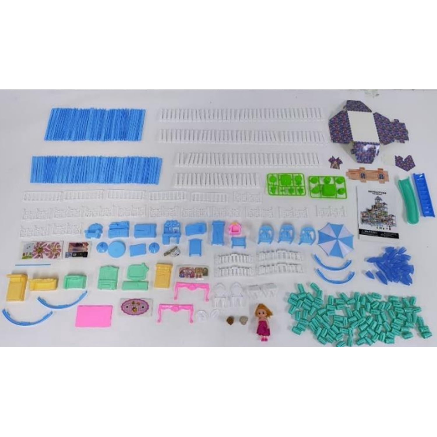 JoyStone Dollhouse with Warm Light, DIY Pretend Play Playhouse with 14 Rooms and 2 Dolls (Blue) w91cf