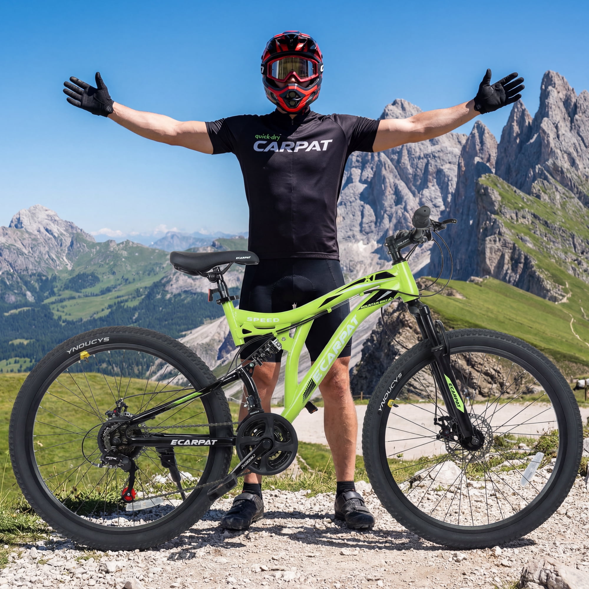 Ecarpat 26 Inch Mountain Bike, Full Suspension Steel Frame, 21-Speed Drivetrain, Dual Disc Brakes (Green, 26 in) n86xu