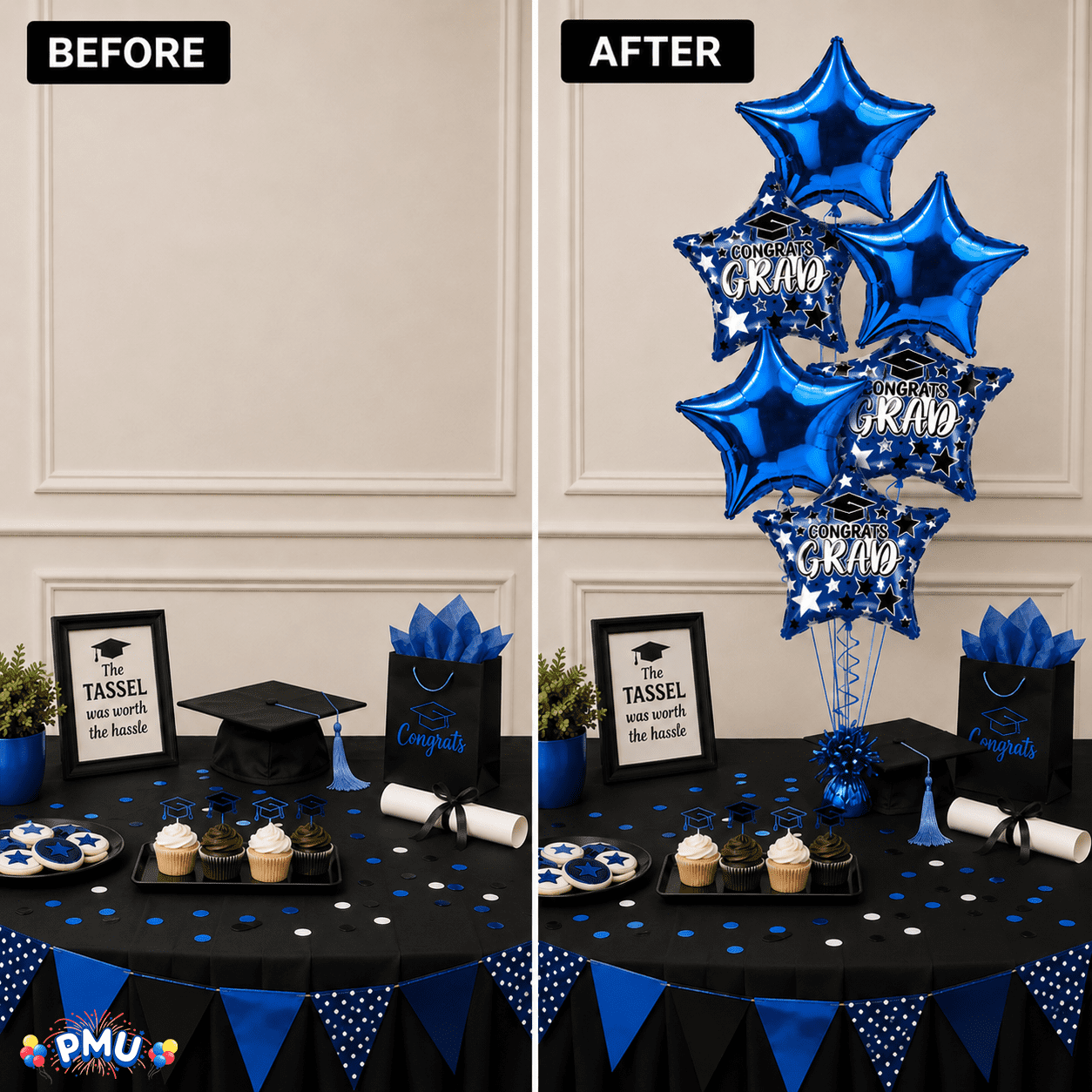 PMU Graduation Party Balloon Bouquet Set, Congrats Grad Star Decorations (Blue, 6-Piece Set) htt2d
