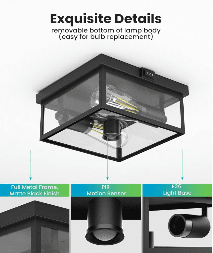 Craftersmark Outdoor Ceiling Light with Motion Sensor, Flush Mount Porch Light Fixture, Dusk to Dawn Exterior Lighting (Clear, 10.5 in) 8mueu